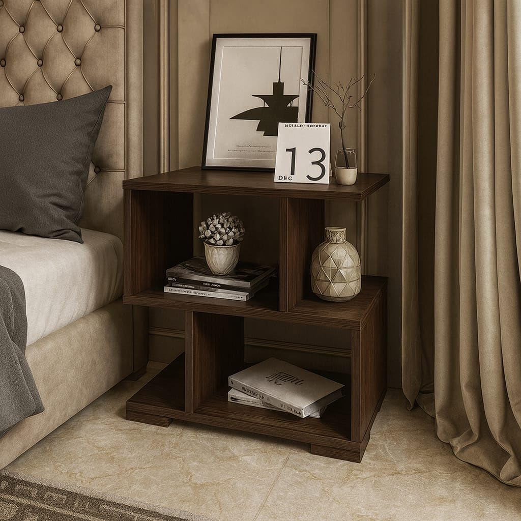 Nest Nature Haven Engineered Wood Contemporary Bedside End Table With Three Open Shelves For Book Storage And A Small Nightstand