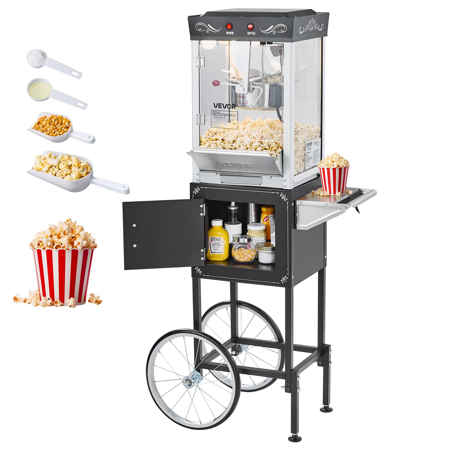 VEVOR Popcorn Machine with Cart, 8oz Stainless Steel Kettle, 800W Commercial Popcorn Maker, 48 Cups per Batch Theater Style Popp