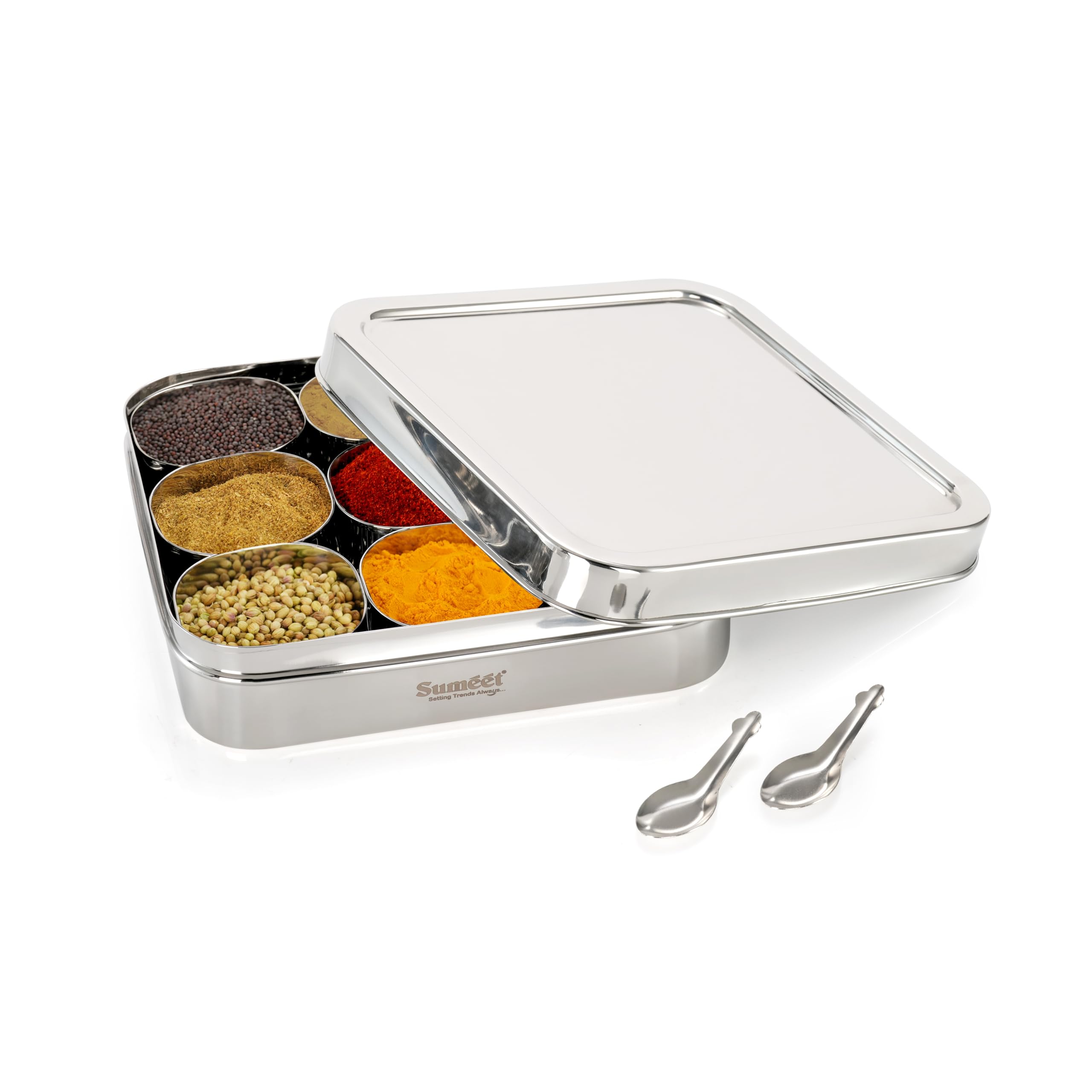 Sumeet 9 in 1 Stainless Steel Square Shape Masala Spice Box Dabba Dani For Kitchen With 9 Square Bowls + Spoon  22cm  Big - Silver