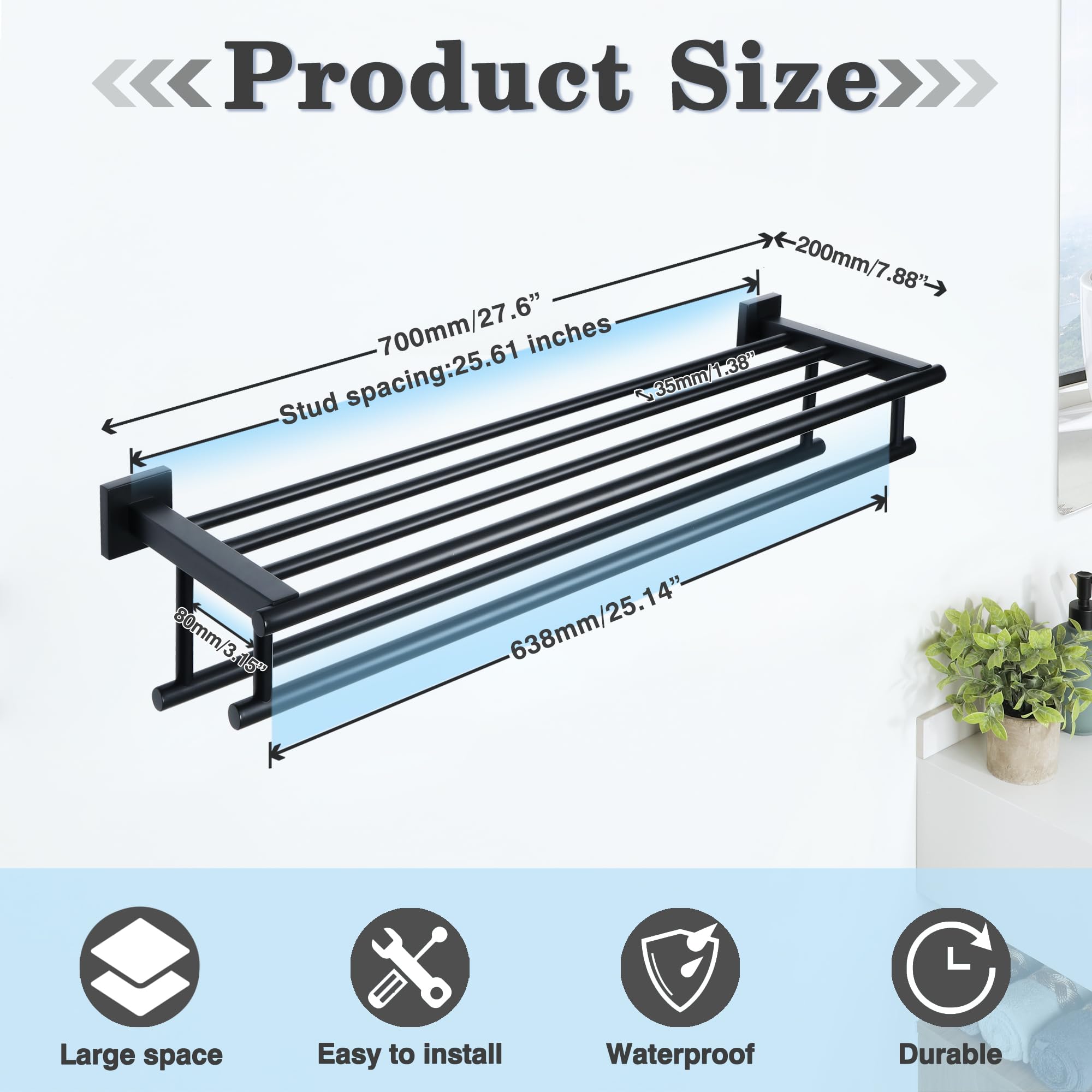 Alise Towel Rack Towel Holder Towel Shelf with Double Towel Bars for Bathroom Lavatory 28-Inch SUS 304 Stainless Steel Wall Mount Towel Hanger Matte Black