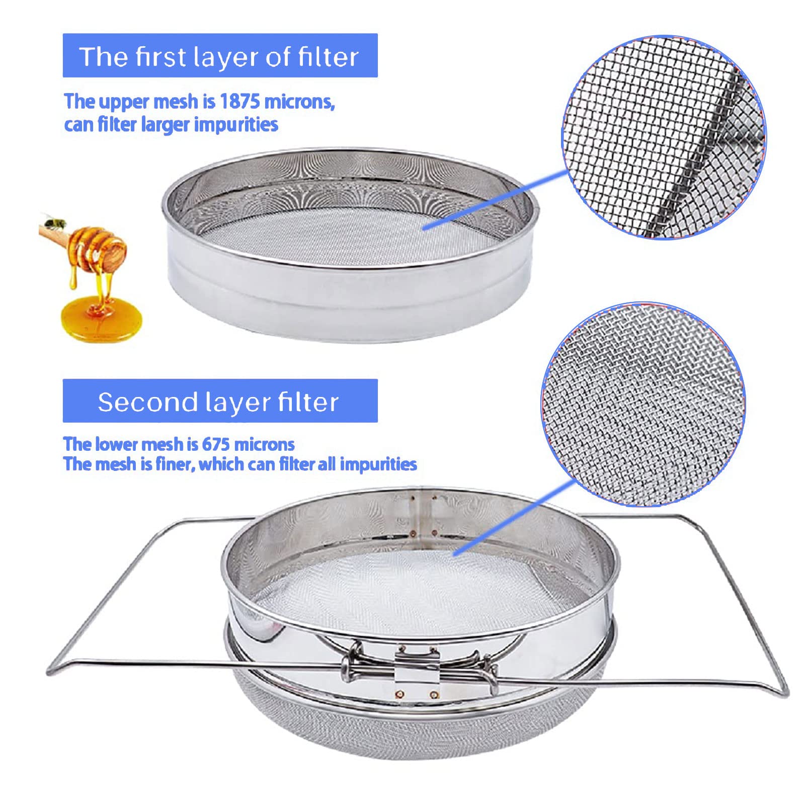 Honey Strainer For 5 Gallon Bucket Stainless Steel Double Sieve Honey Filter Strainer For Clean Honey With Up To 16.5 Inches Ext