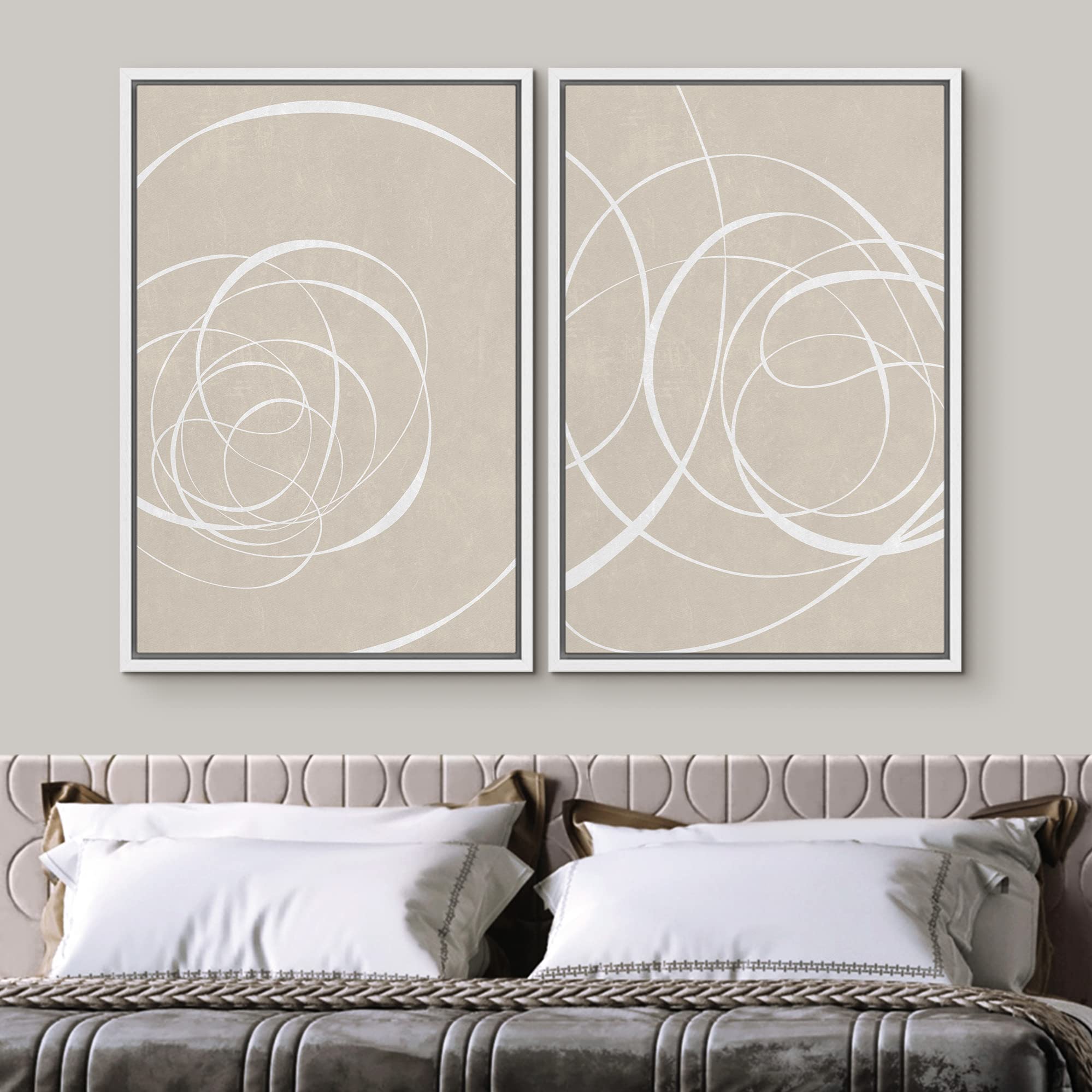 SIGNWIN Framed Canvas Print Wall Art Set White Tan Geometric Spiral Collage Abstract Shapes Illustrations Minimalism Decorative Bohemian Relax/Zen for Living Room  Bedroom  Office - 24''x36''x2 White