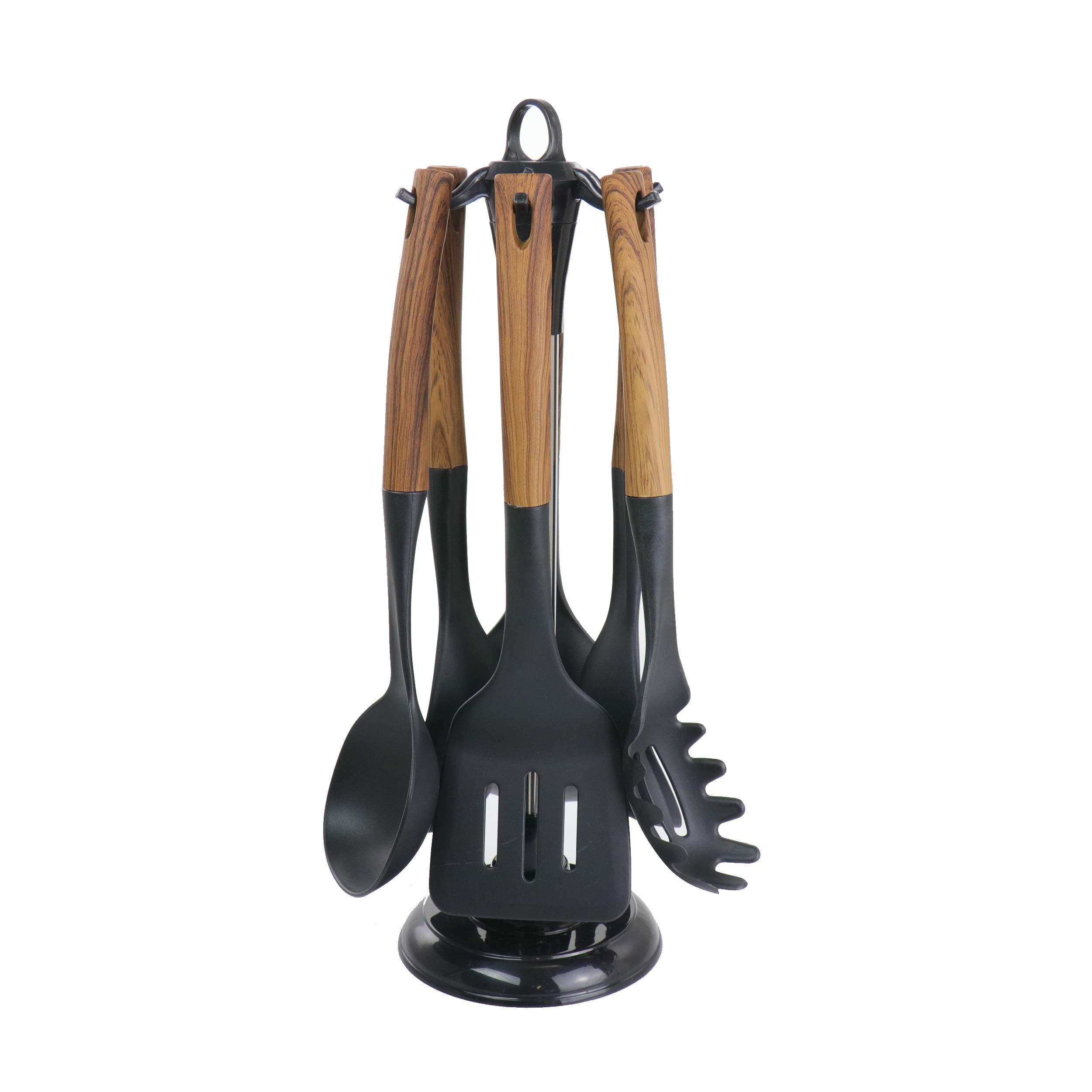 Megachef Nylon Tool Cookware Utensil Set, 7 Piece, Black and Wood Texture