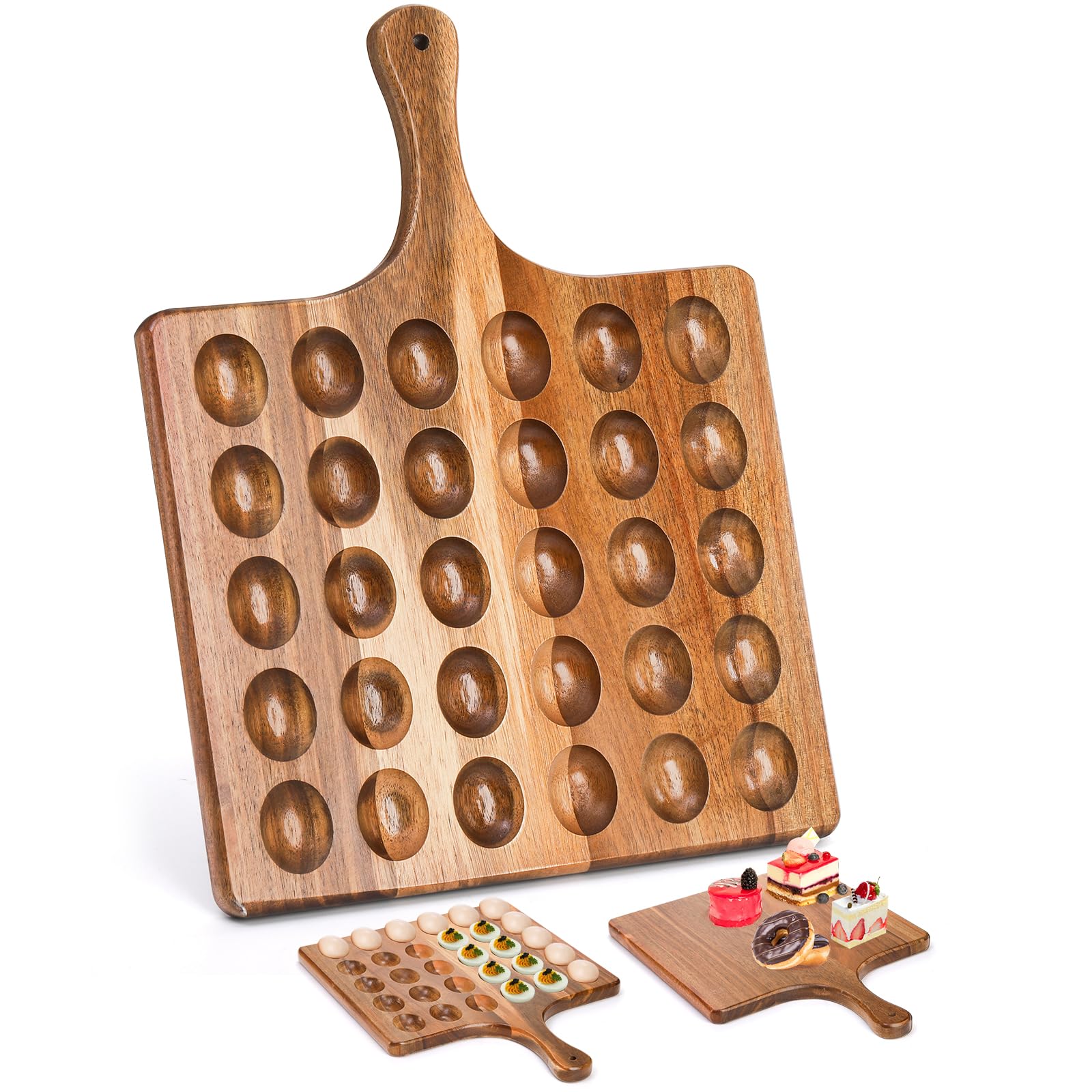 Okllen 30 Holes Reversible Wooden Deviled Egg Platter with Handle, Acacia Wood Deviled Egg Tray Charcuterie Board, Deviled Egg H
