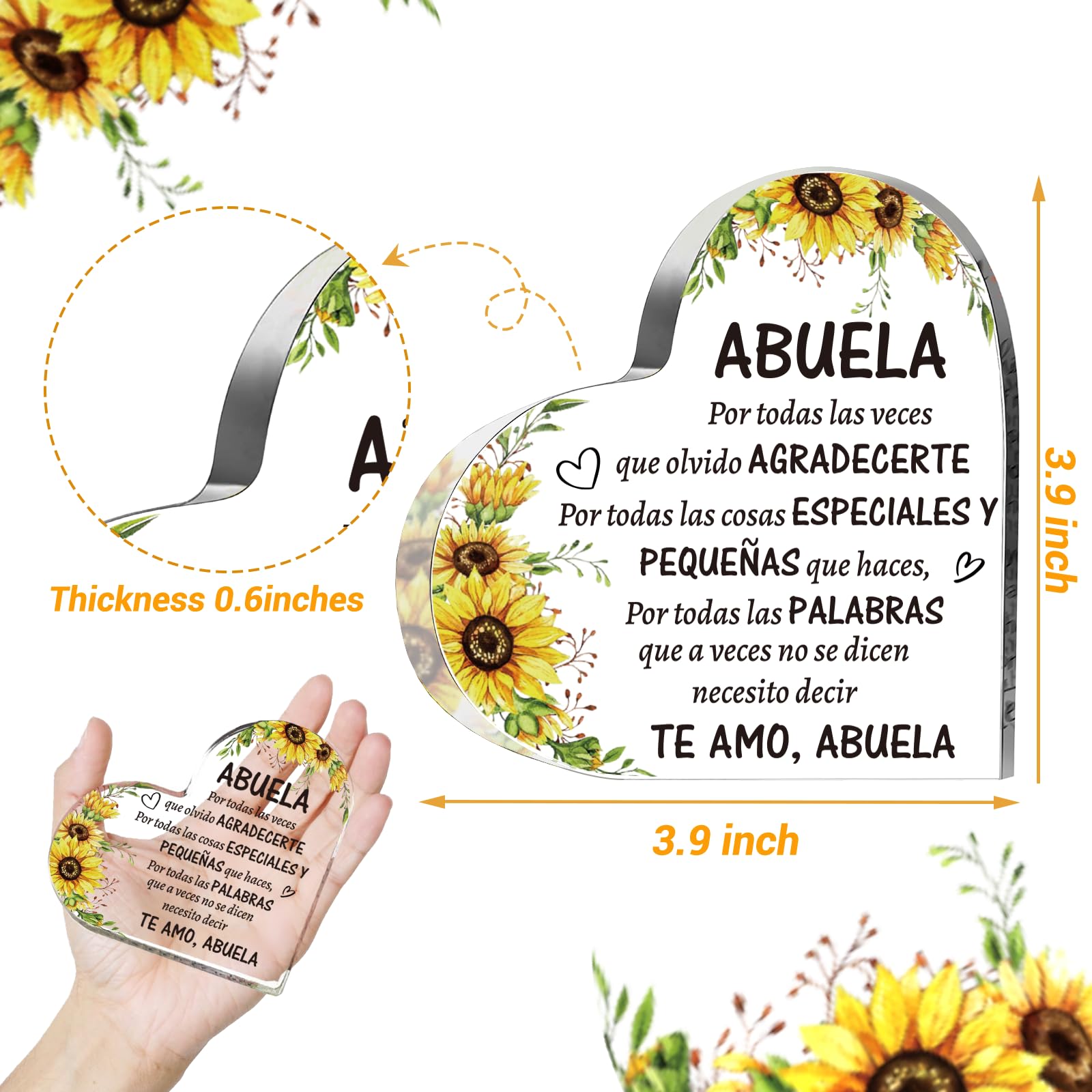 SUEHHYY Birthday Gifts for Grandma in Spanish, Regalos para Abuela Acrylic Heart Sign Keepsake Presents, Mothers Day Christmas V