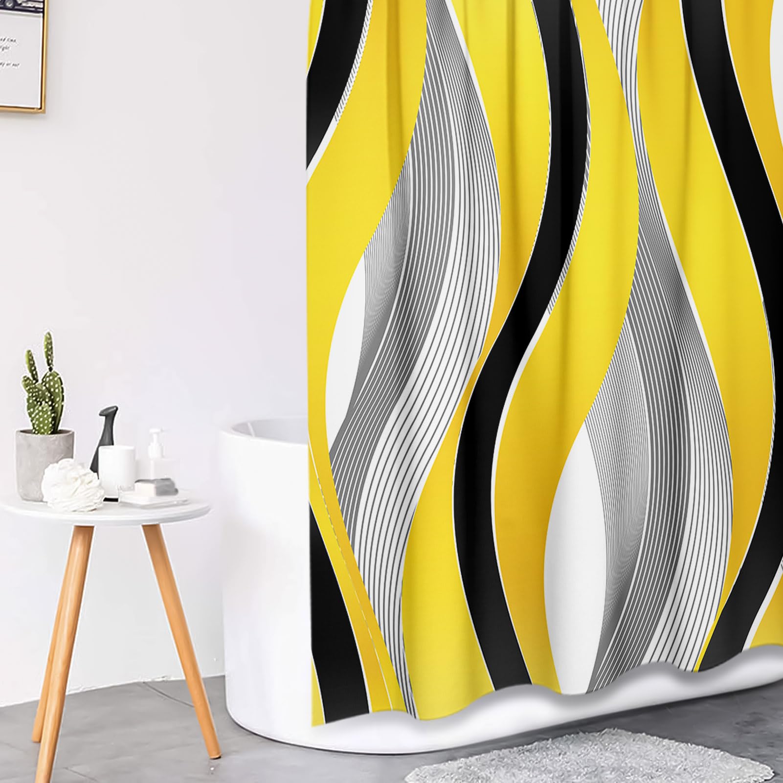 Tayney Yellow Striped Shower Curtain Set - 4 Pcs, 72"W x 72"L, Polyester, Geometric Lines, Includes Toilet Lid Cover & Non-Slip Rugs