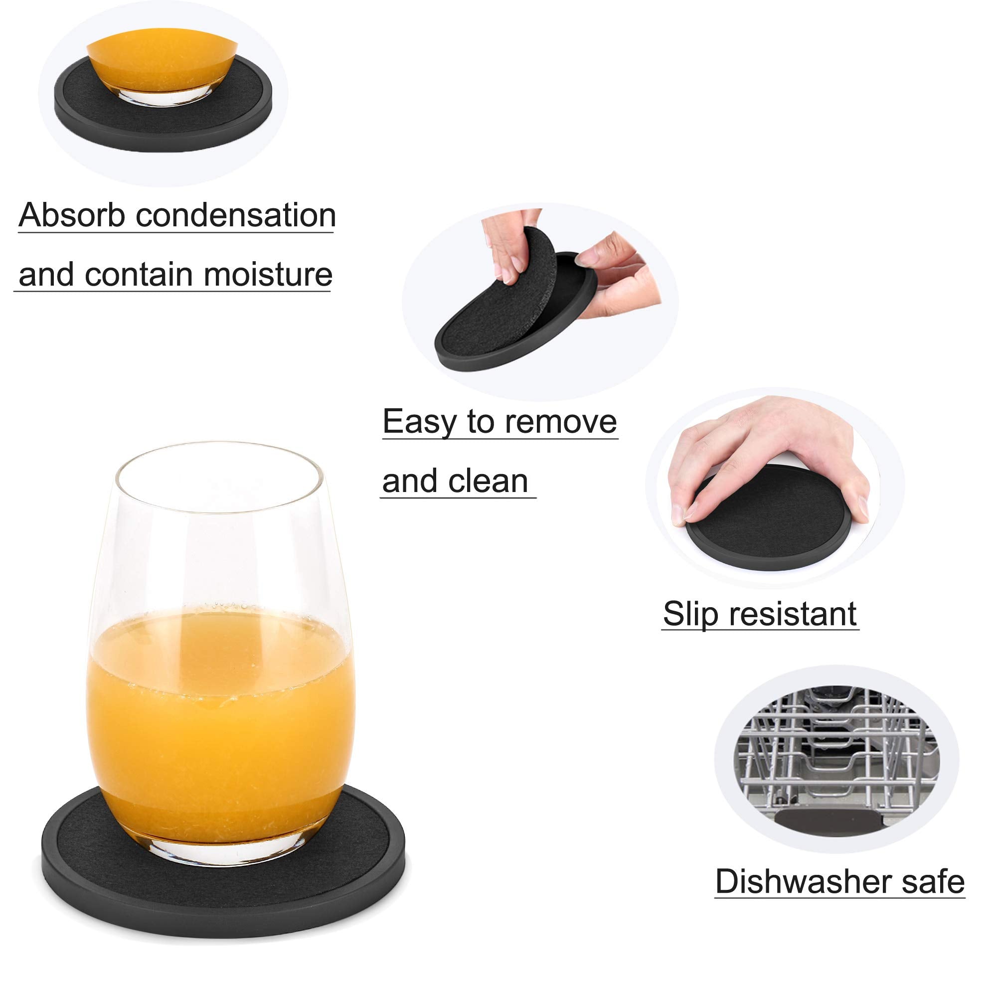 Mecowon Absorbent Coasters For Drinks With Holder, 8 Pieces Silicone Coasters With Soft Felt Insert, Black
