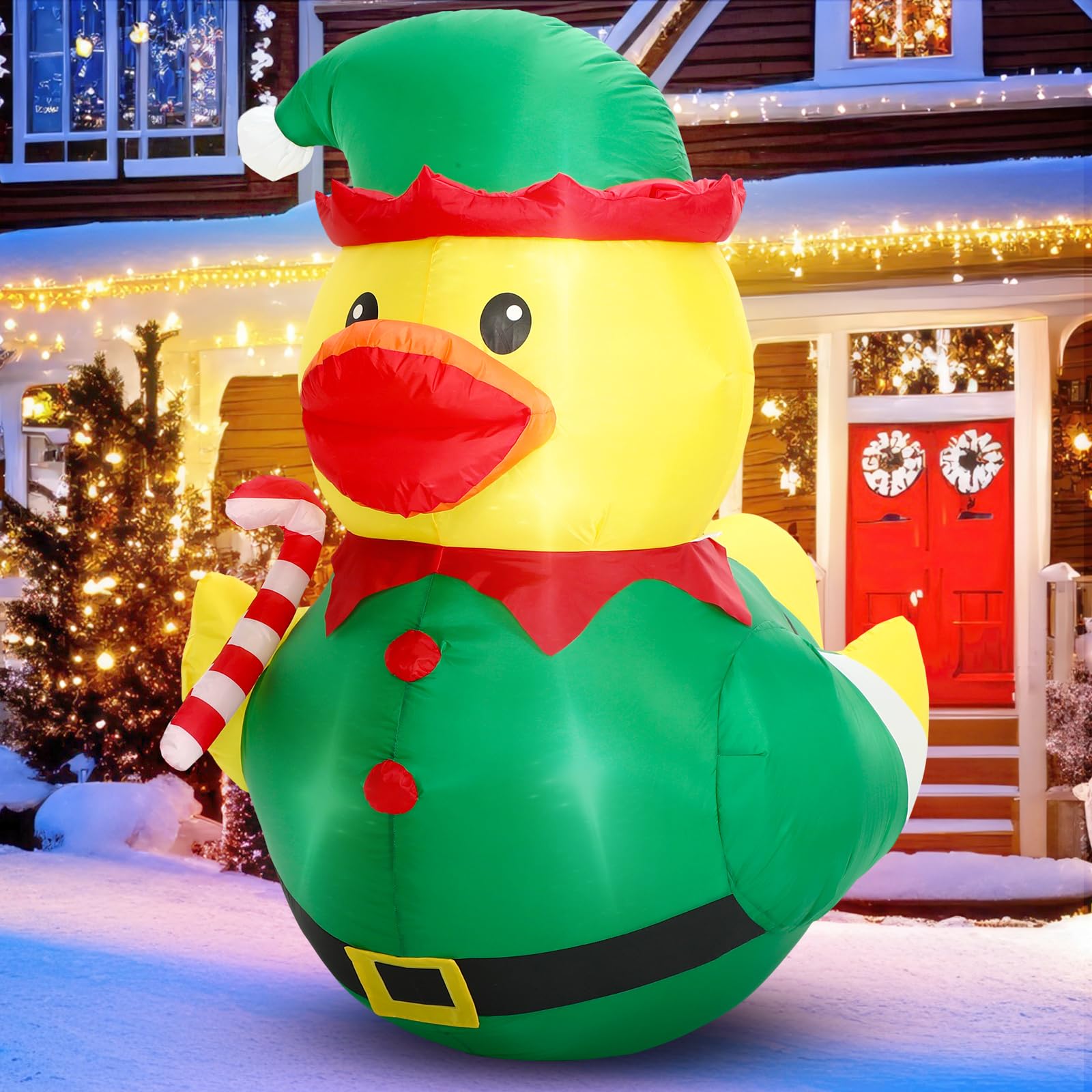 Leyndo 5FT Christmas Inflatables Decoration Outdoor Giant Christmas Elf Duck Inflatables Blow Up Duck with Build-in LEDs Lights 