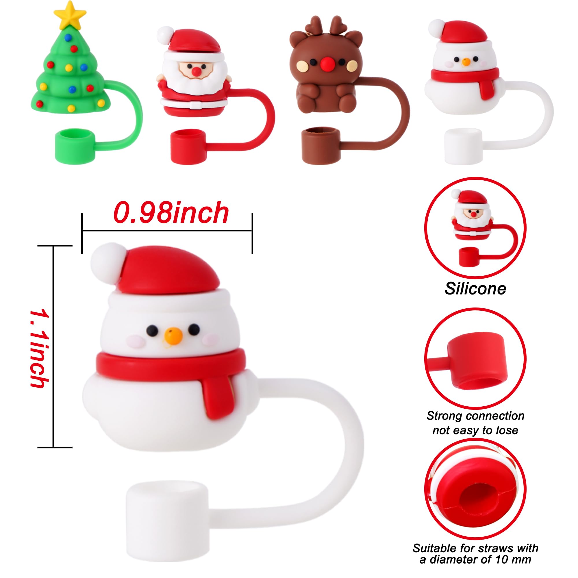 Avky 4 Pcs Christmas Straw Cover Cap For Stanley Cup, 10Mm 0.4In Stanley Accessories Xmas Straw Toppers Cap With 30&40 Oz Tumble
