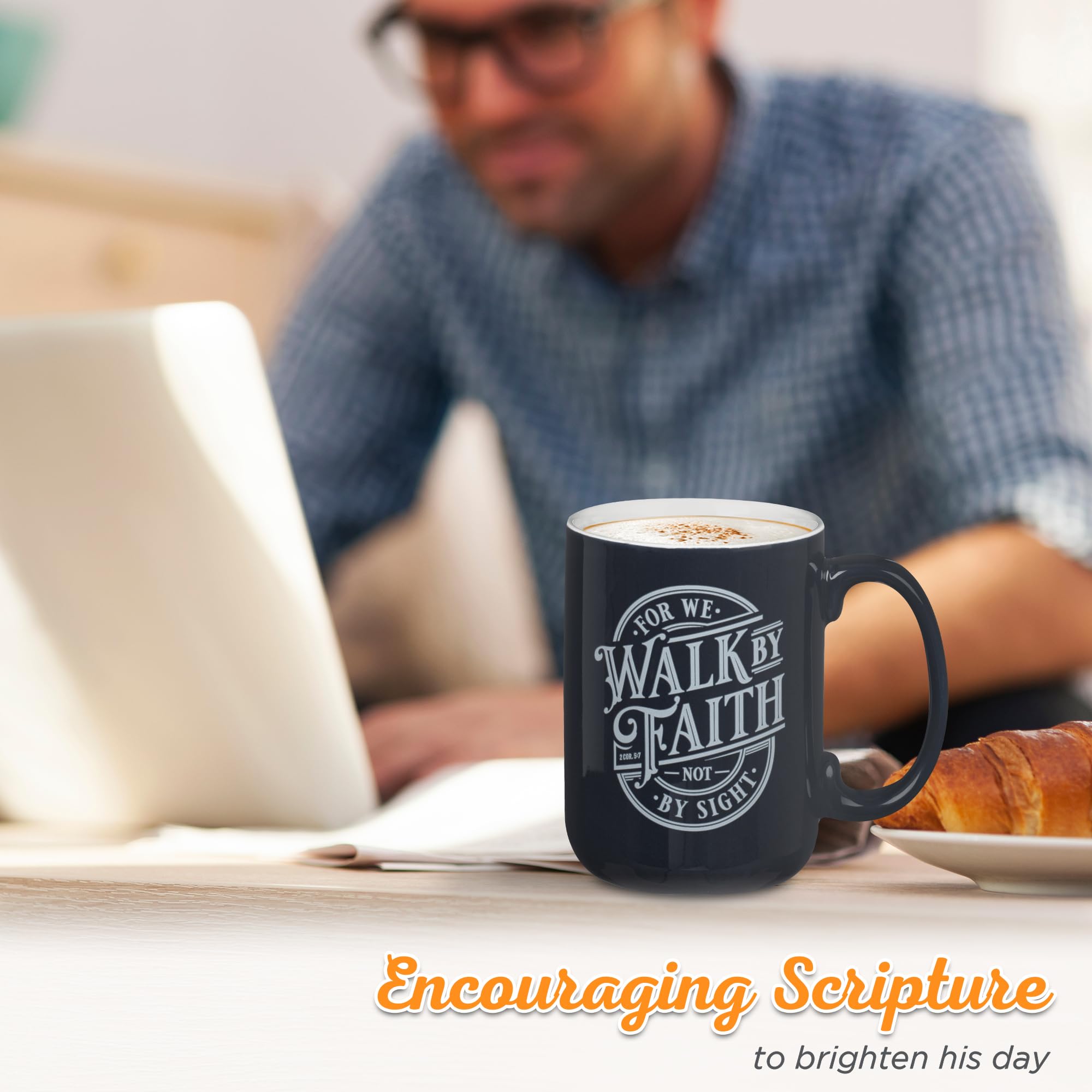 Christian Art Gifts Large Ceramic Coffee & Tea Mug for Men & Women: Walk by Faith Bible Verse, Navy Blue & White, 14 oz.