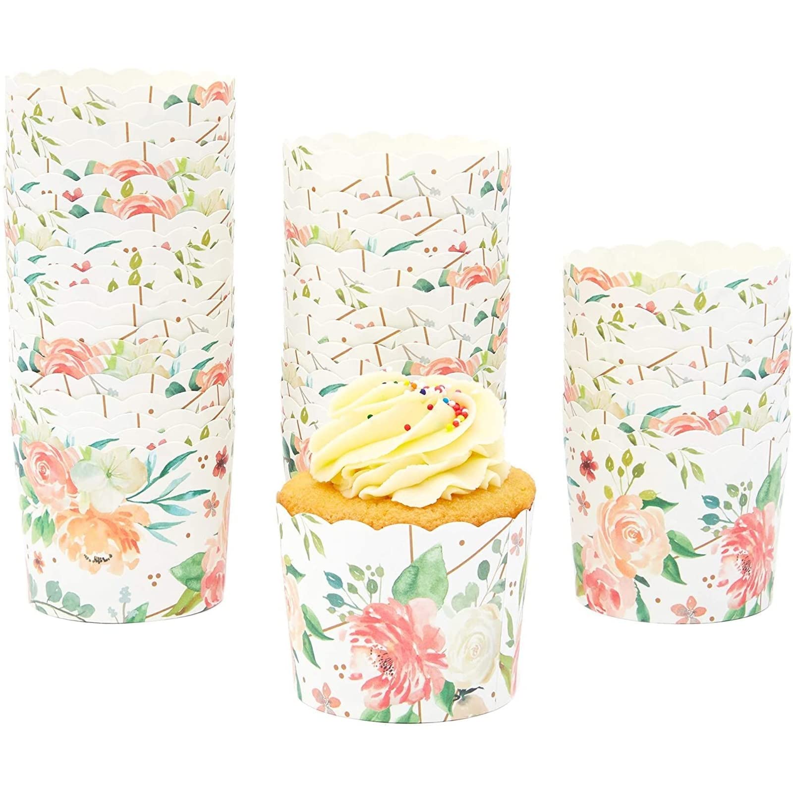50 Pack Floral Cupcake Wrappers For Wedding, Watercolor Flower Paper Baking Cups And Muffin Liners For Garden Tea Parties, Bakin