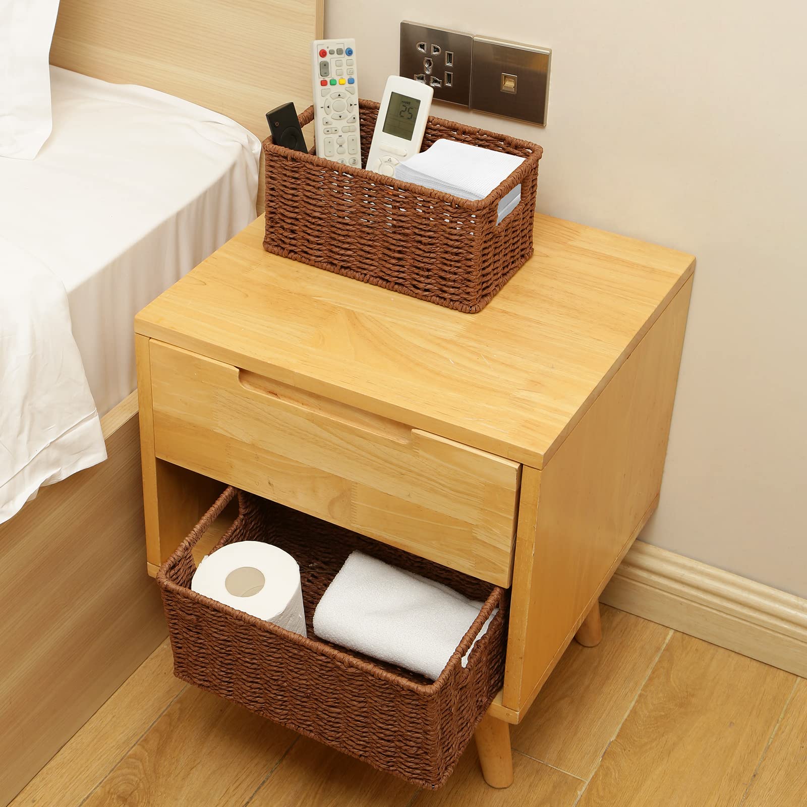 HOONEX Woven Baskets for Storage  Paper Rope Baskets with Sturdy Metal Wire Frame  Baskets for Shelves  Set of 2  Dark Brown