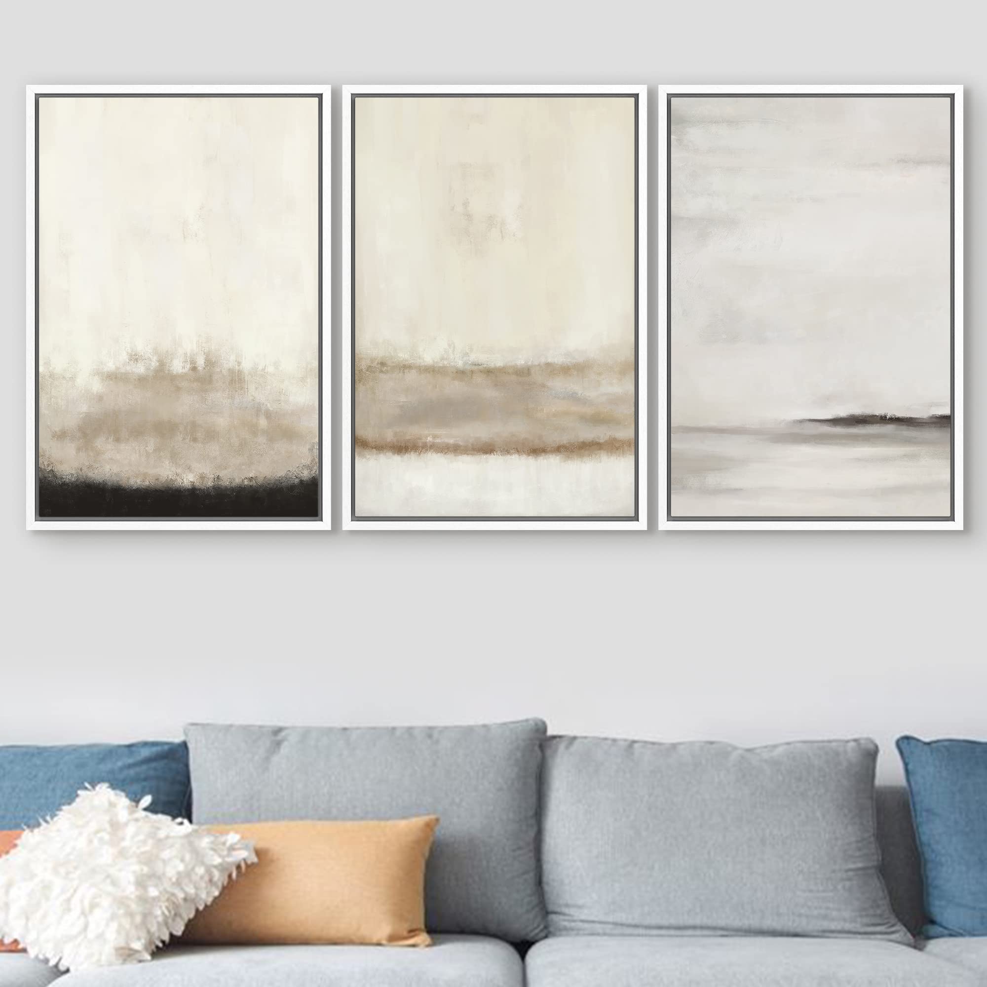 Signford Framed Canvas Print Wall Art Set Minimal Gray Tan Paint Stroke Landscape Abstract Shapes Digital Art Modern Art Decorat