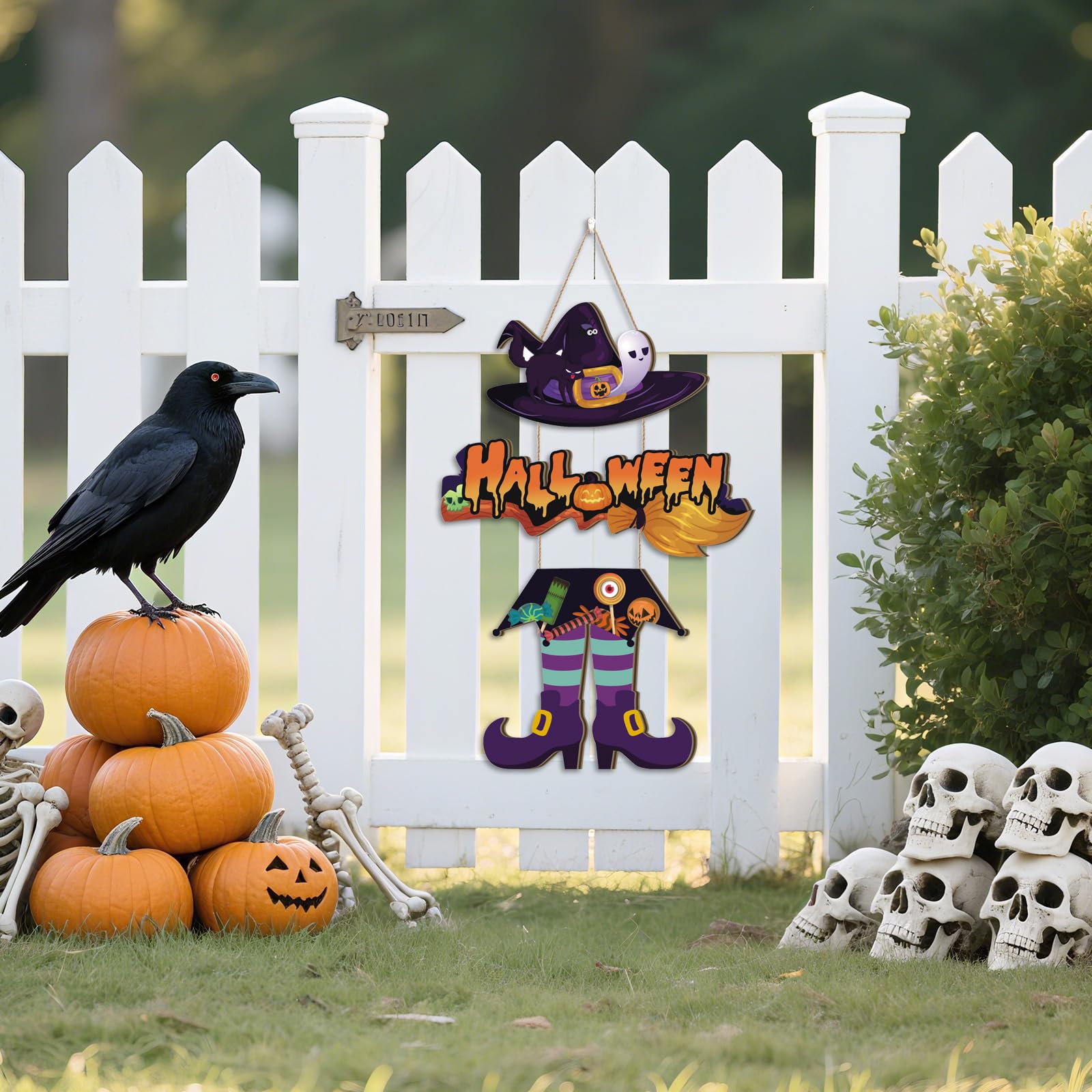 Aurlan Halloween Witch Legs Hat Wooden Hanging Sign, Trick Or Treat Door Decor, Spooky Ghost Decor, 11.42X11.42 inch, Wood