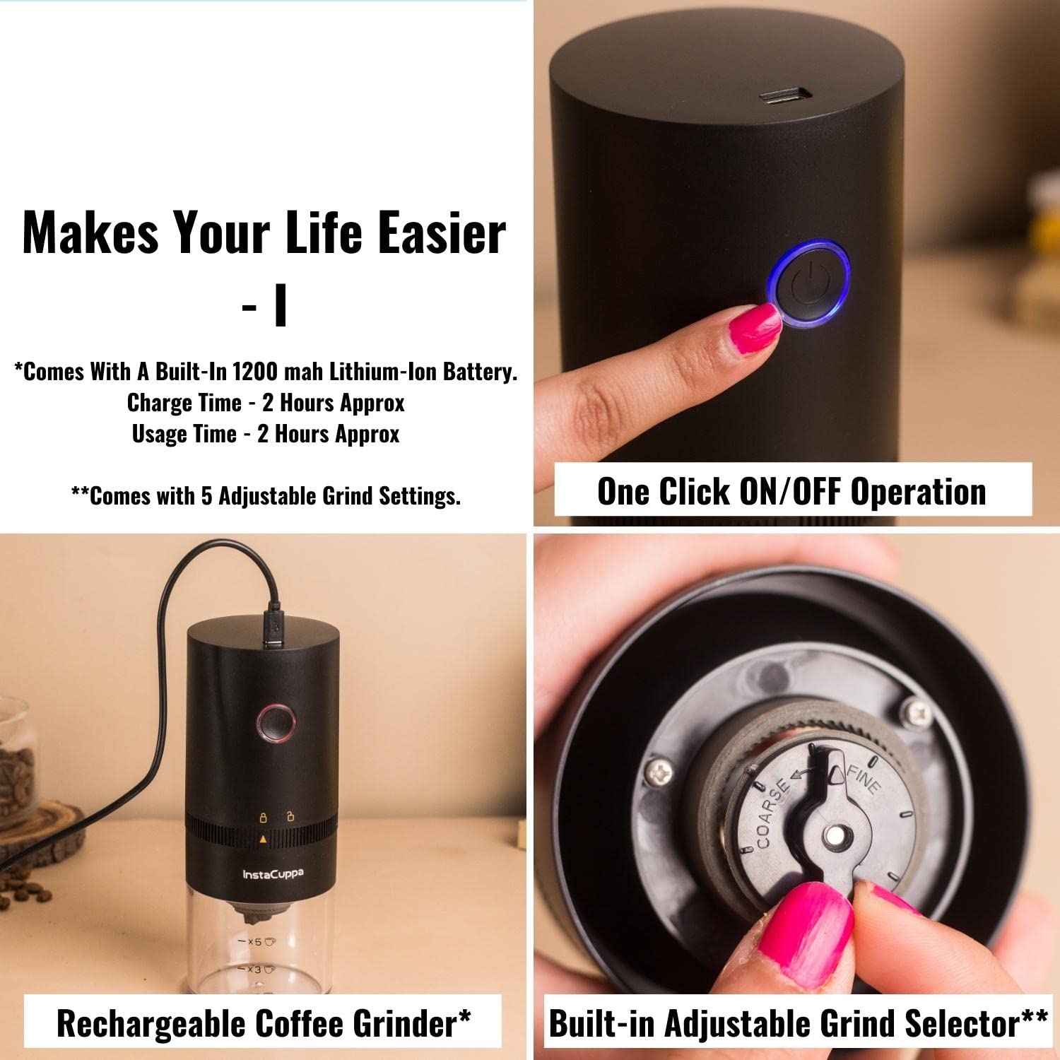 Instacuppa Rechargeable Coffee Bean Grinder With Ceramic Conical Burr Mill, One Click Operation, 5 Adjustable Grind Settings, Ai