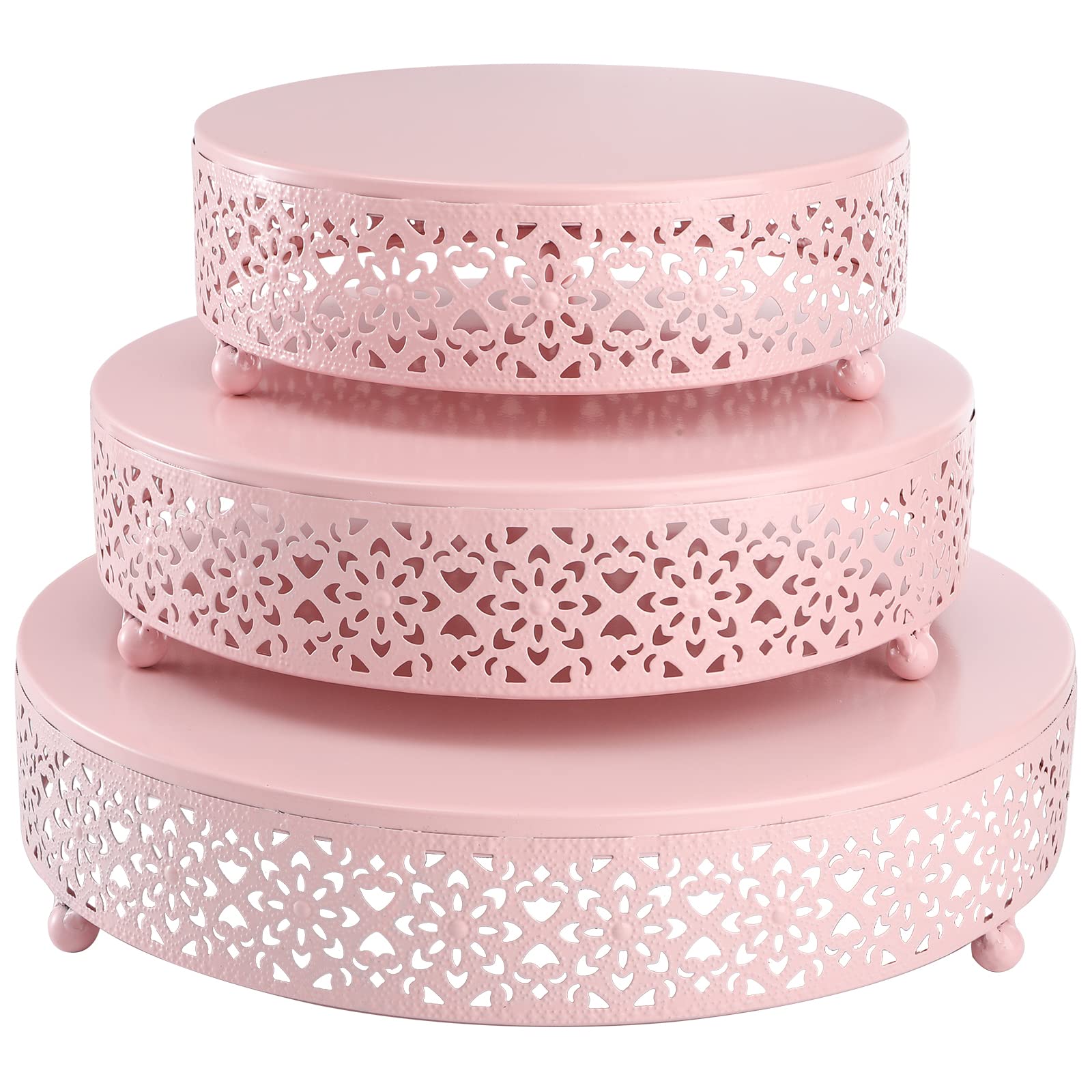 Hedume 3-Piece Metal Cake Stand Set, Pink Round Cake Stand, Dessert Cupcake Pastry Candy Display Plate For Wedding, Birthday Par