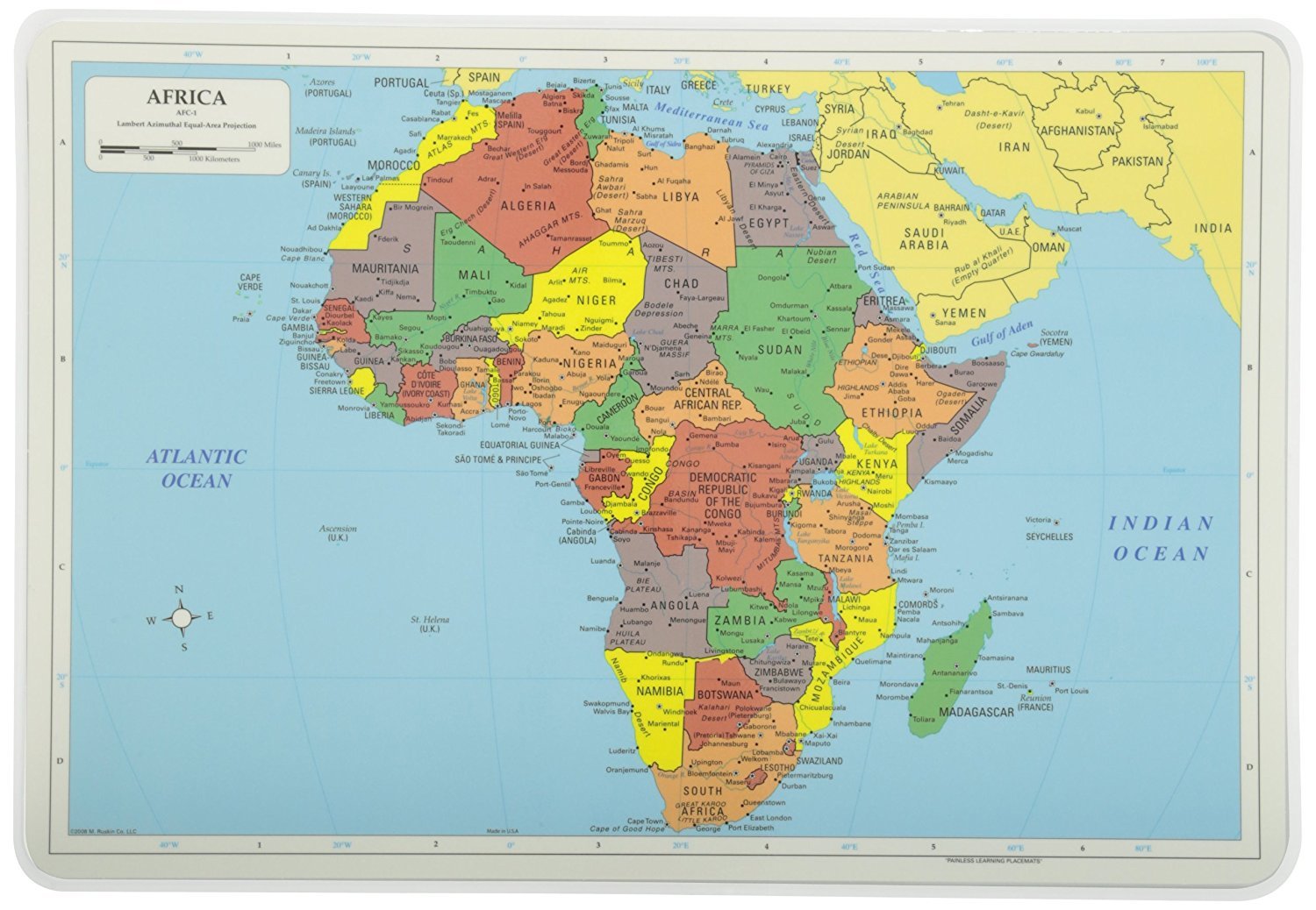 Painless Learning Educational Placemats - Large Washable USA, Africa, Asia & Europe Maps - Non-Slip Design