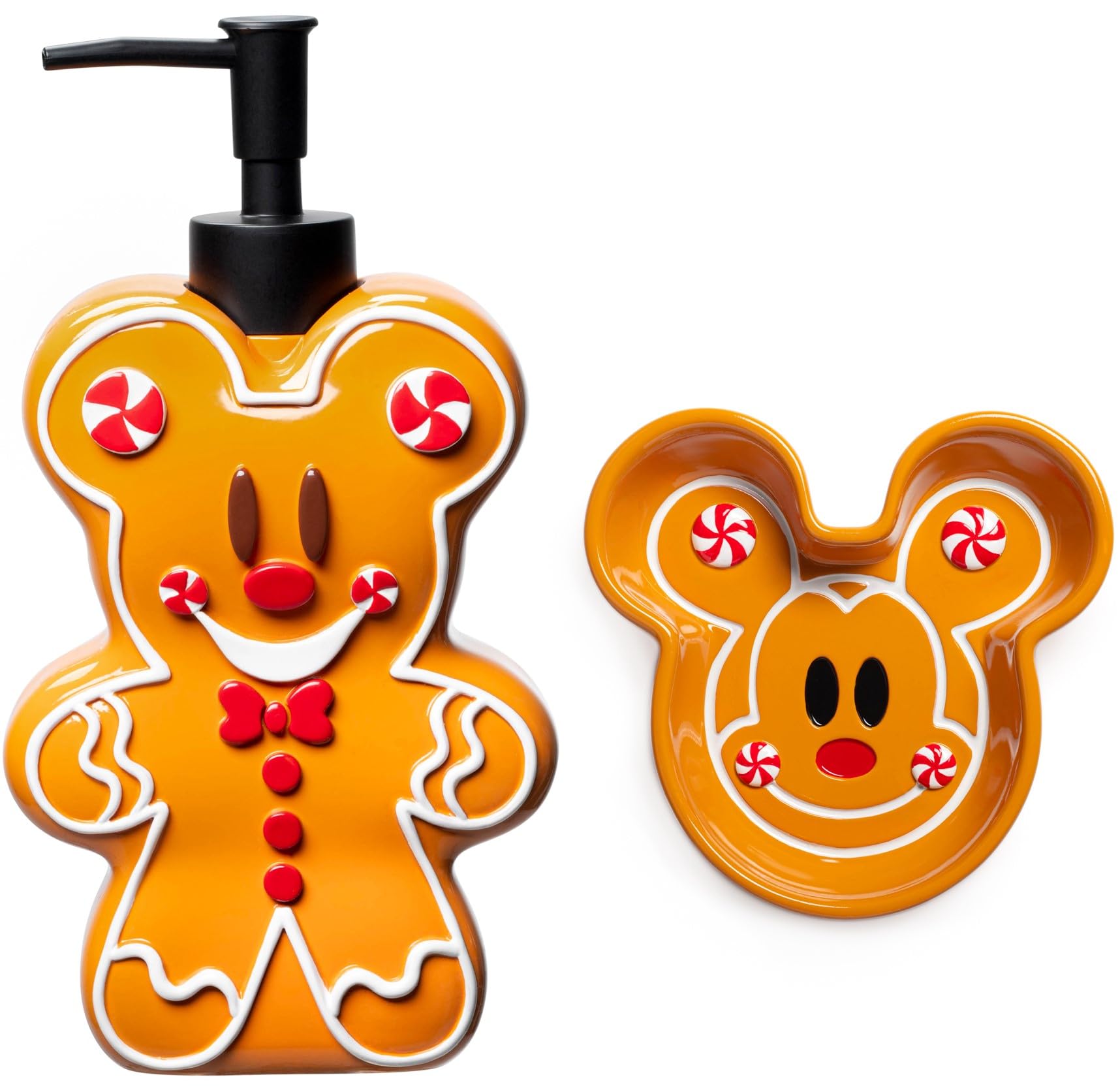 Jay Franco Disney Mickey Mouse Gingerbread Bathroom Set - 2 Piece Collection Includes Lotion Pump & Soap Dish - Christmas And Ho