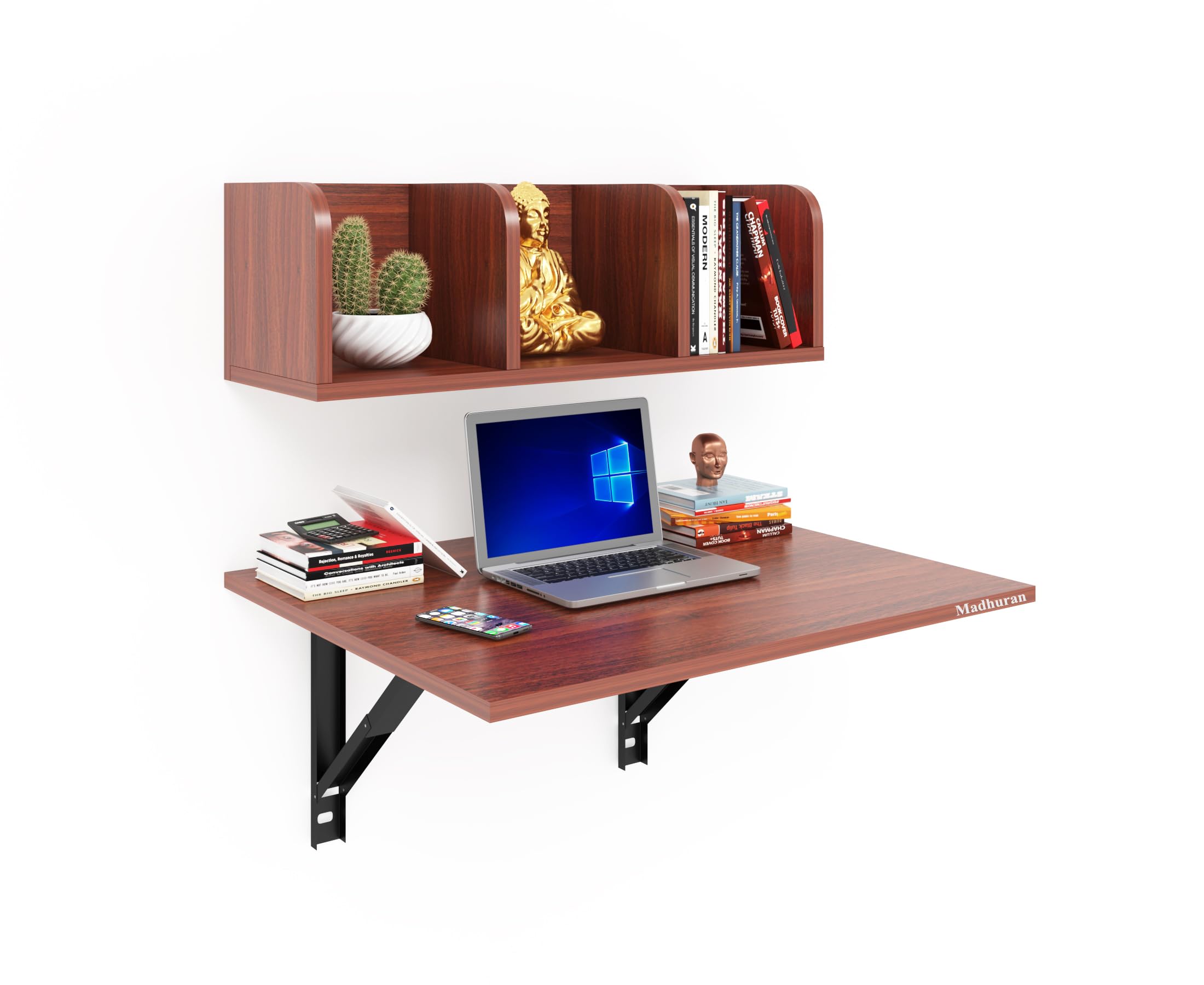 Madhuran Engineered Wood Wall Mounted Folding Laptops Cum Study Table With Storage Shelf (Matte Teak) Work Home Foldable Office 