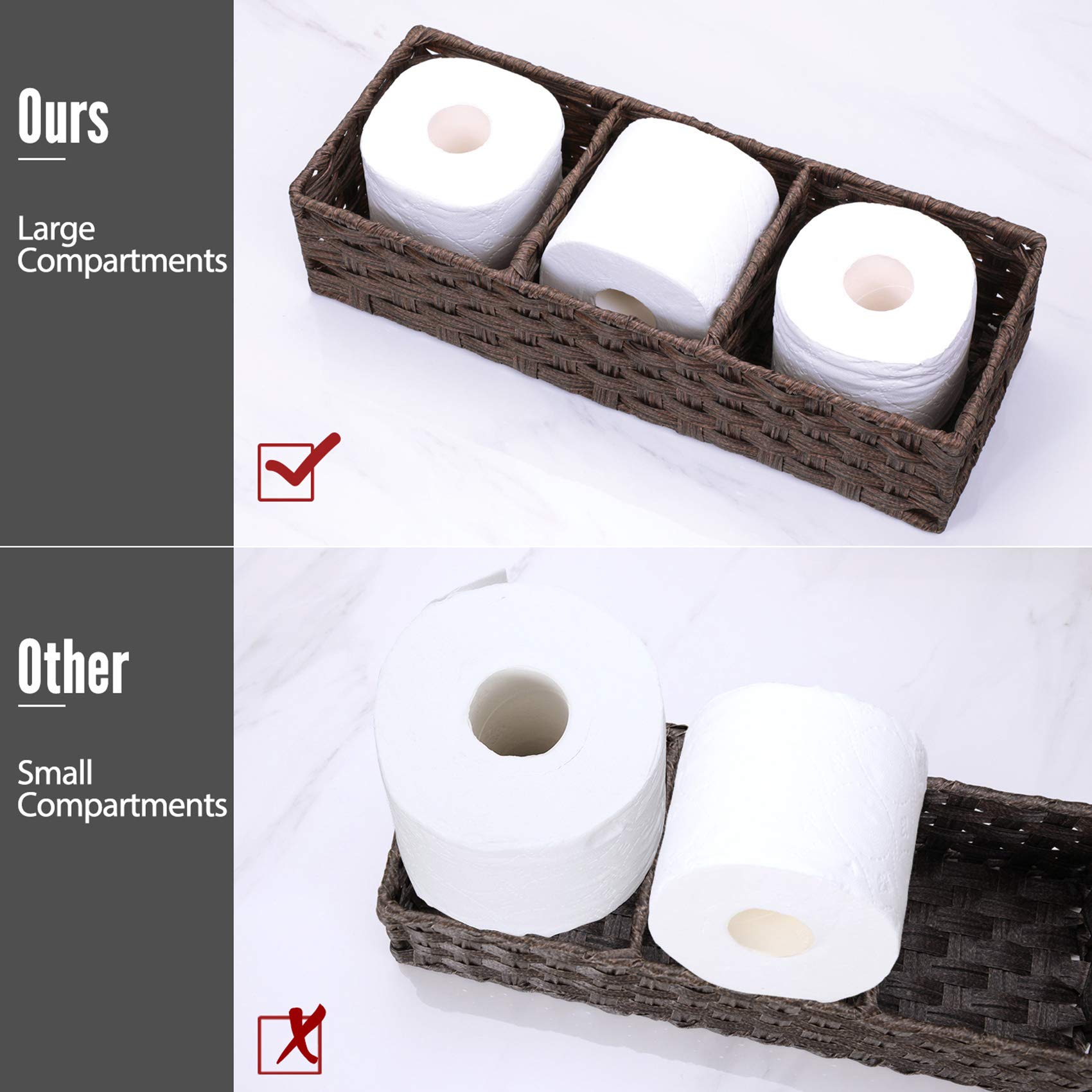 [Larger Compartments] Toilet Tank Topper Paper Basket - Multiuse Hand Woven Plastic Wicker Basket with Divider for Organizing  Rustic Farmhouse Bathroom Decor  Countertop Organizer Storage  Brown