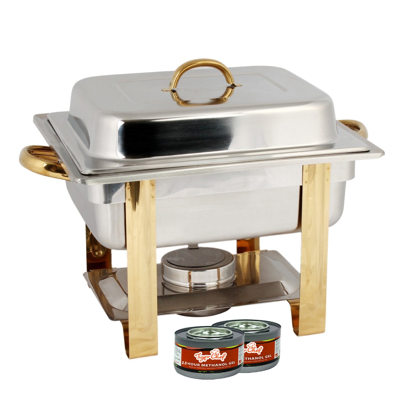 TigerChef 4 Quart Half Size Gold Accented Chafing Dish Stainless Steel Chafing Dish Buffet Set With 4 Free Chafing Fuel Gels 4 Q