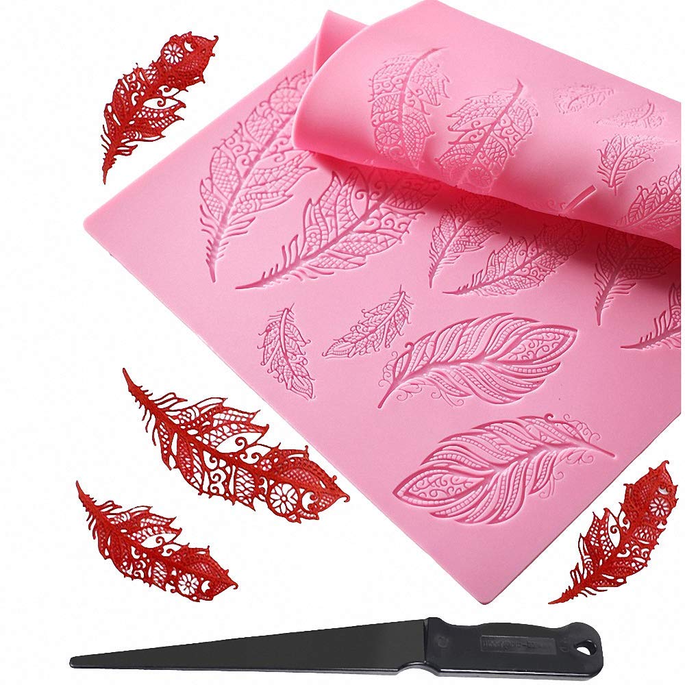 16 Inch Peacock Feather Silicone Lace Mat With Fondant Scraper, Texture Fondant Impression Embossing Decorating Mold Gum Paste C