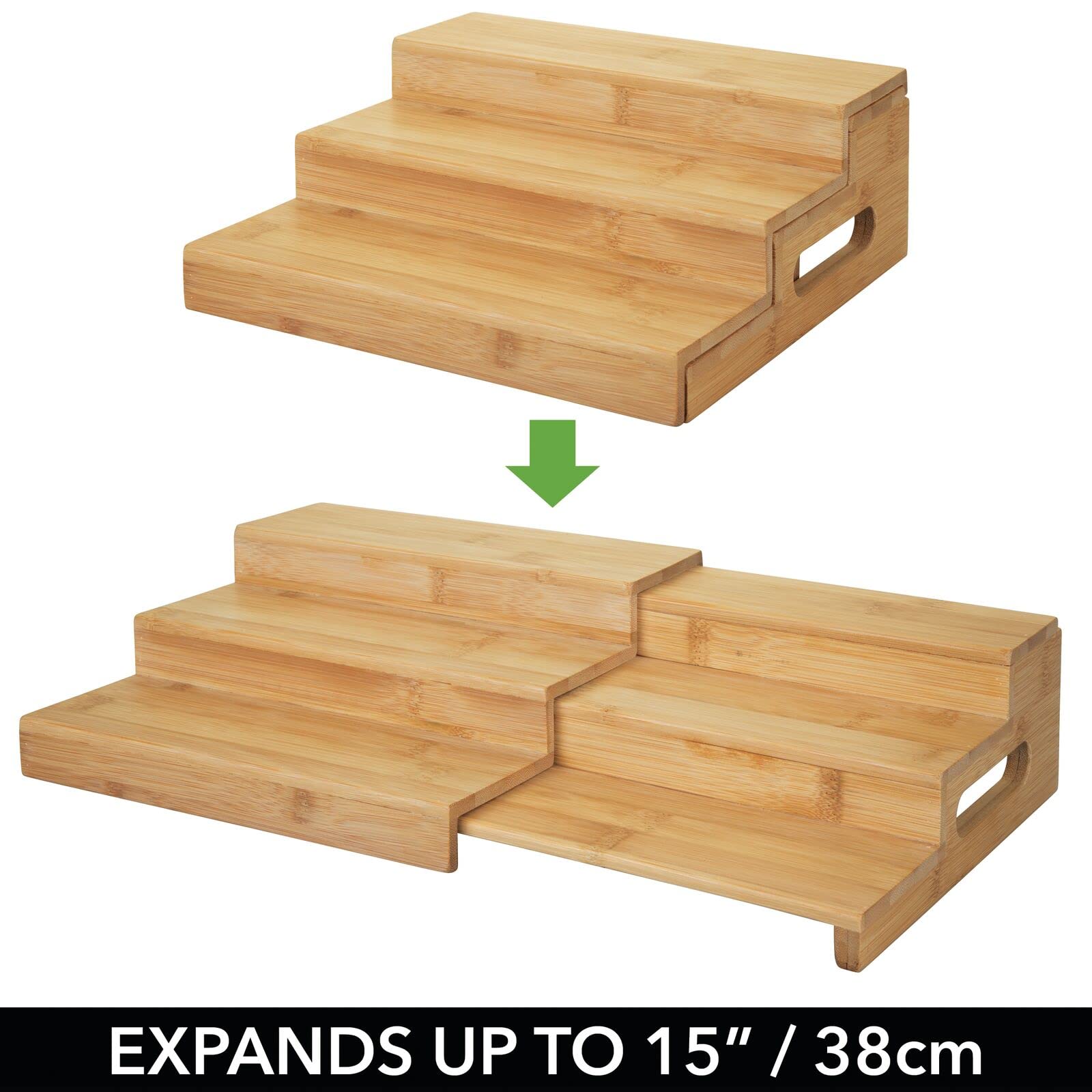 mDesign Bamboo Adjustable, Expandable Spice Rack Organizer with 3 Levels Storage for Kitchen Cabinet, Countertop, Pantry Shelf -