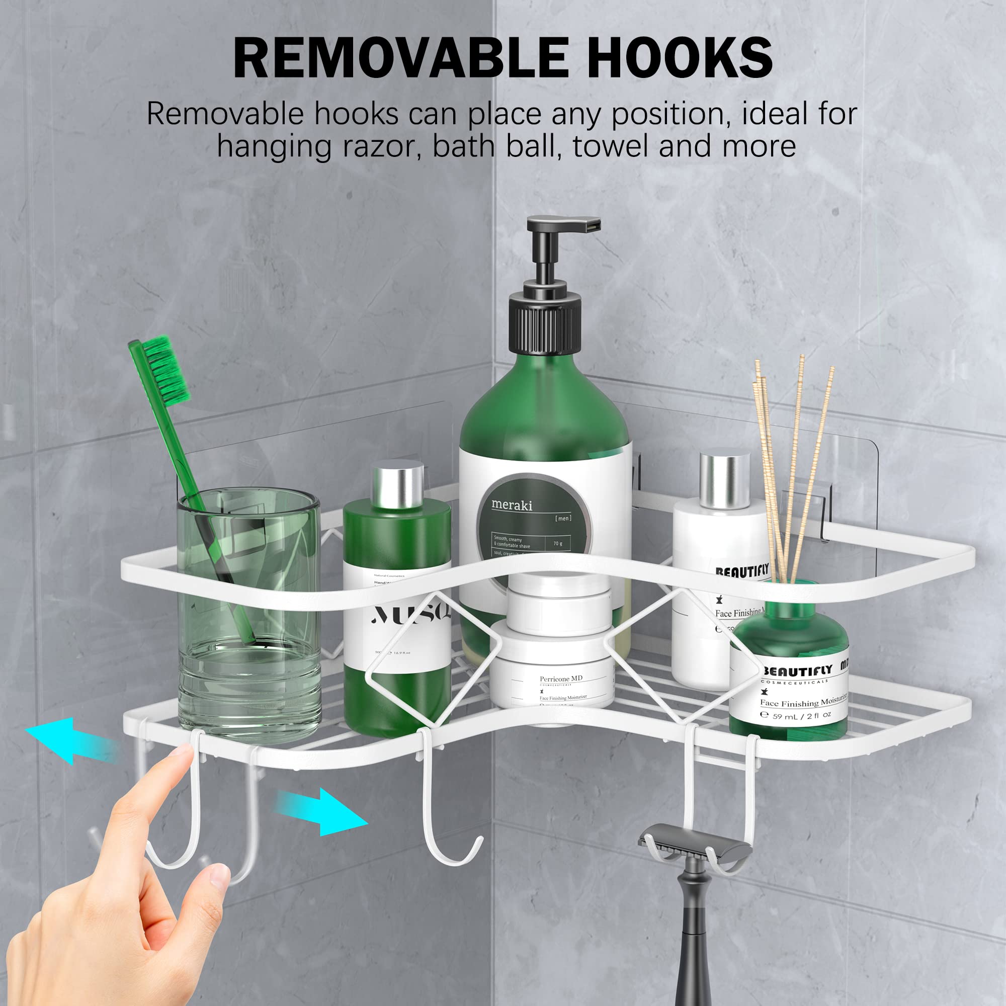 Kadolina Large Corner Shower Caddy Shelf, 2 Pack Adhesive Bathroom Shower Organizer Shelves, No Drilling Rustproof Wall Mounted