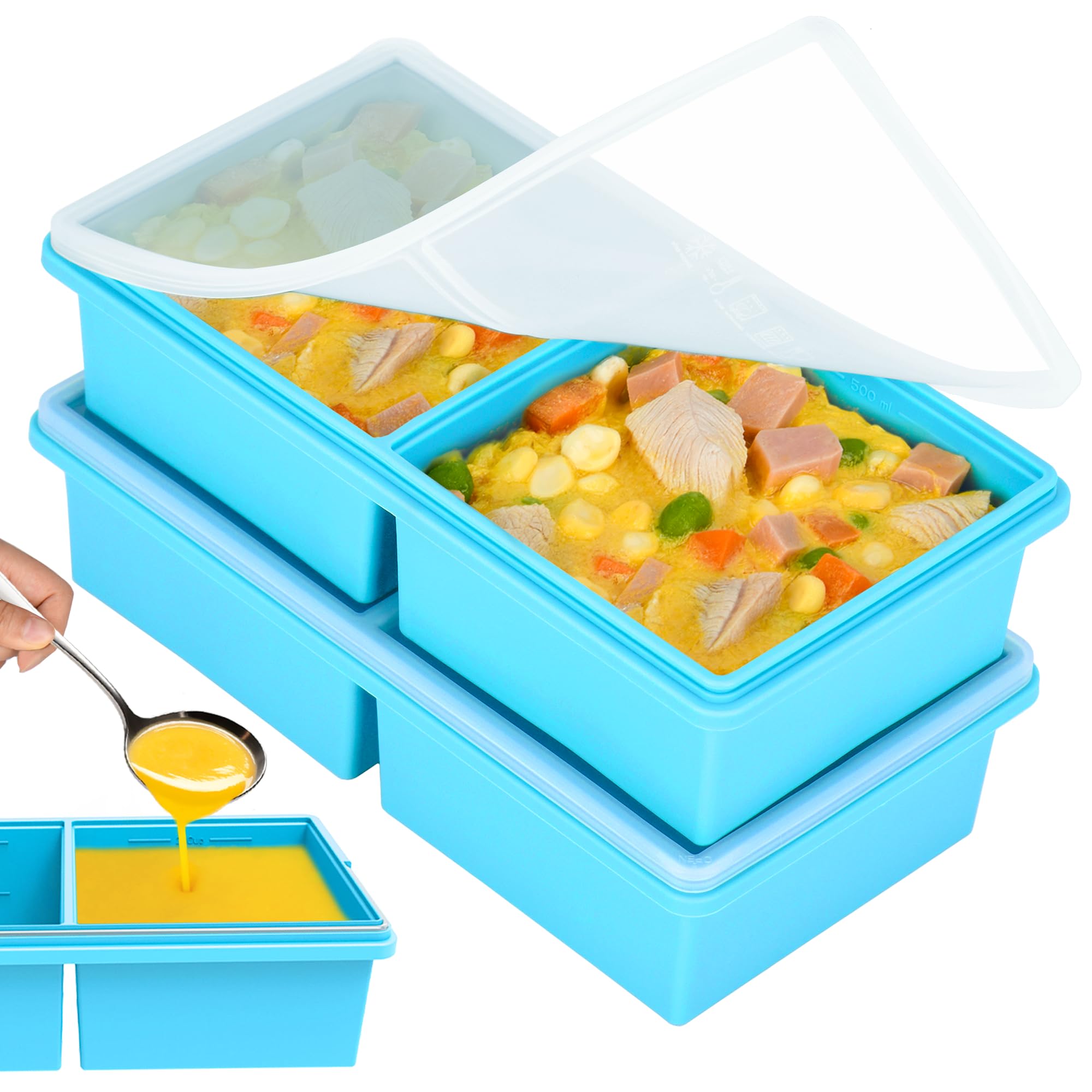 2 cup Silicone Freezer Trays with Lids, Silicone Soup Freezer Molds, Easily prepare portioned meals, Dishwasher, Oven Safe, Grea