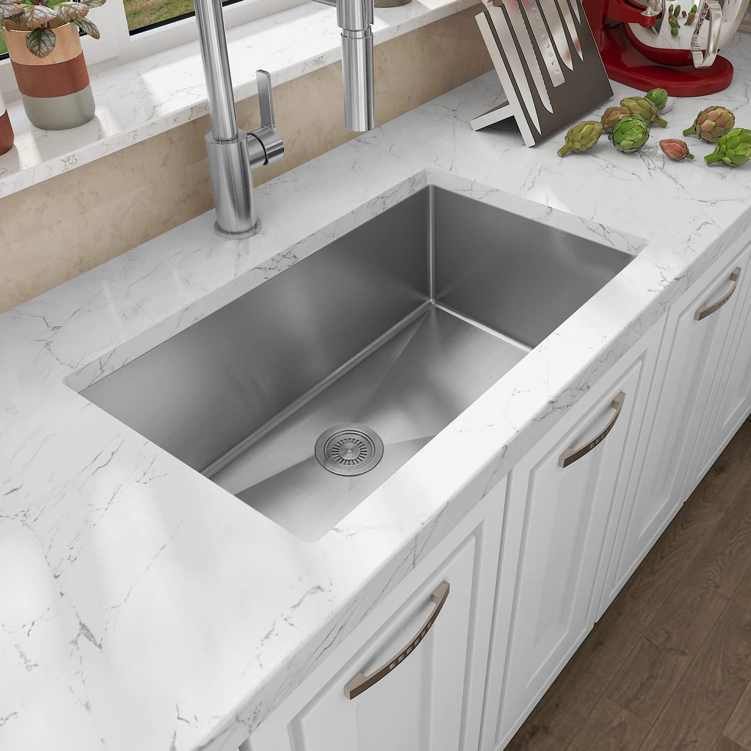 Sinber 30'' x 18'' x 10'' Undermount Single Bowl Kitchen Sink with 18 Gauge 304 Stainless Steel Satin Finish HU3018S