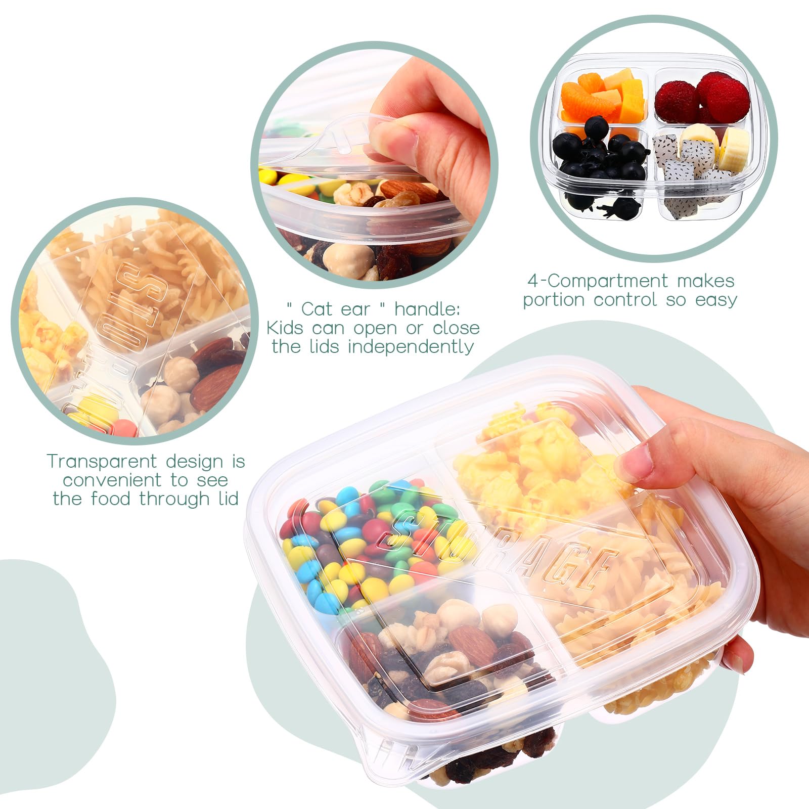 Dandat 50 Pcs Clear Plastic Bento Boxes 4 Compartment Reusable Snack Containers Leakproof Food Container Food Prep Bento Box Wit
