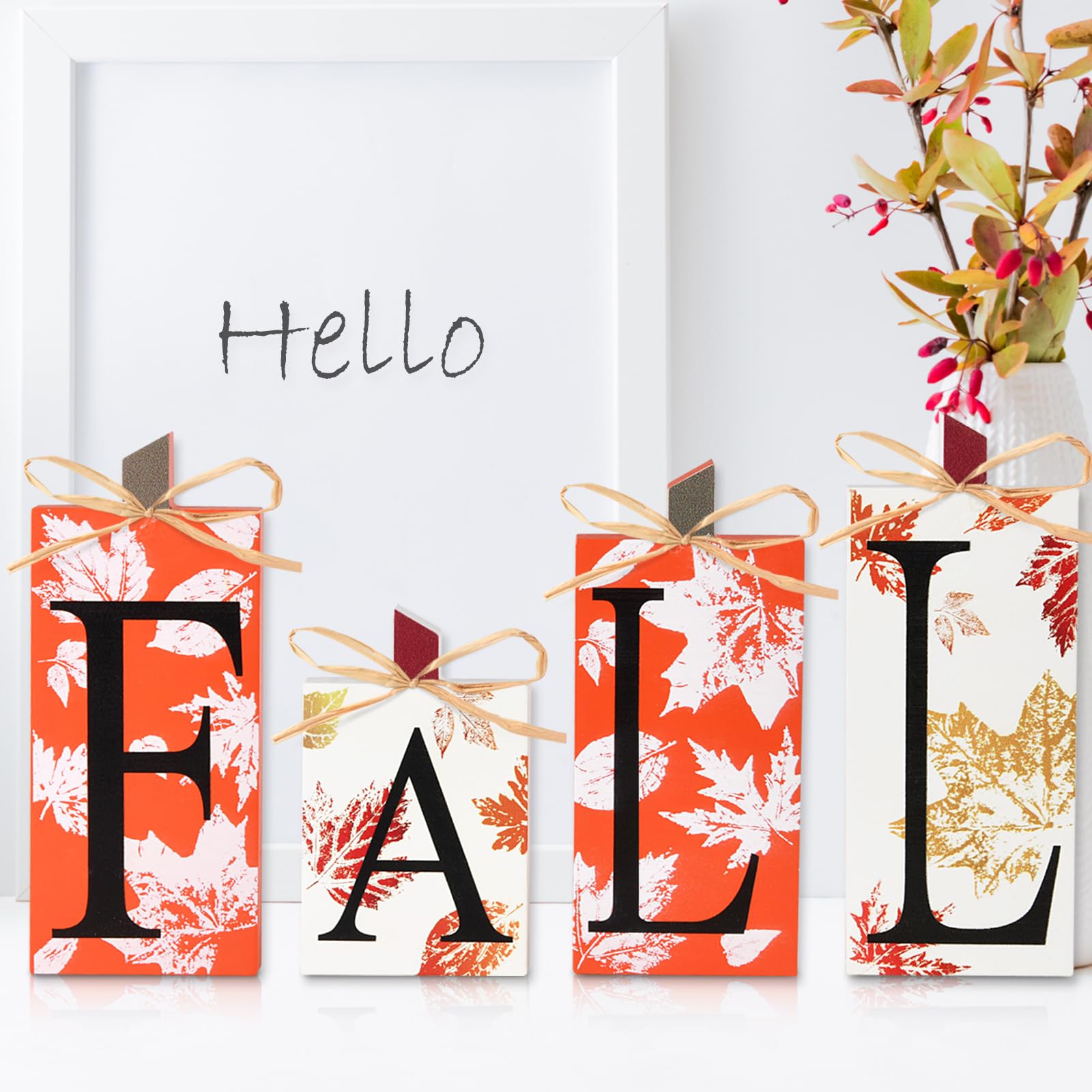 Fall Decorations for Home - 4 PCS Wood Fall Lettered Pumpkin Sign Block Set Autumn Centerpieces Decor for Tables Tabletop Desk T