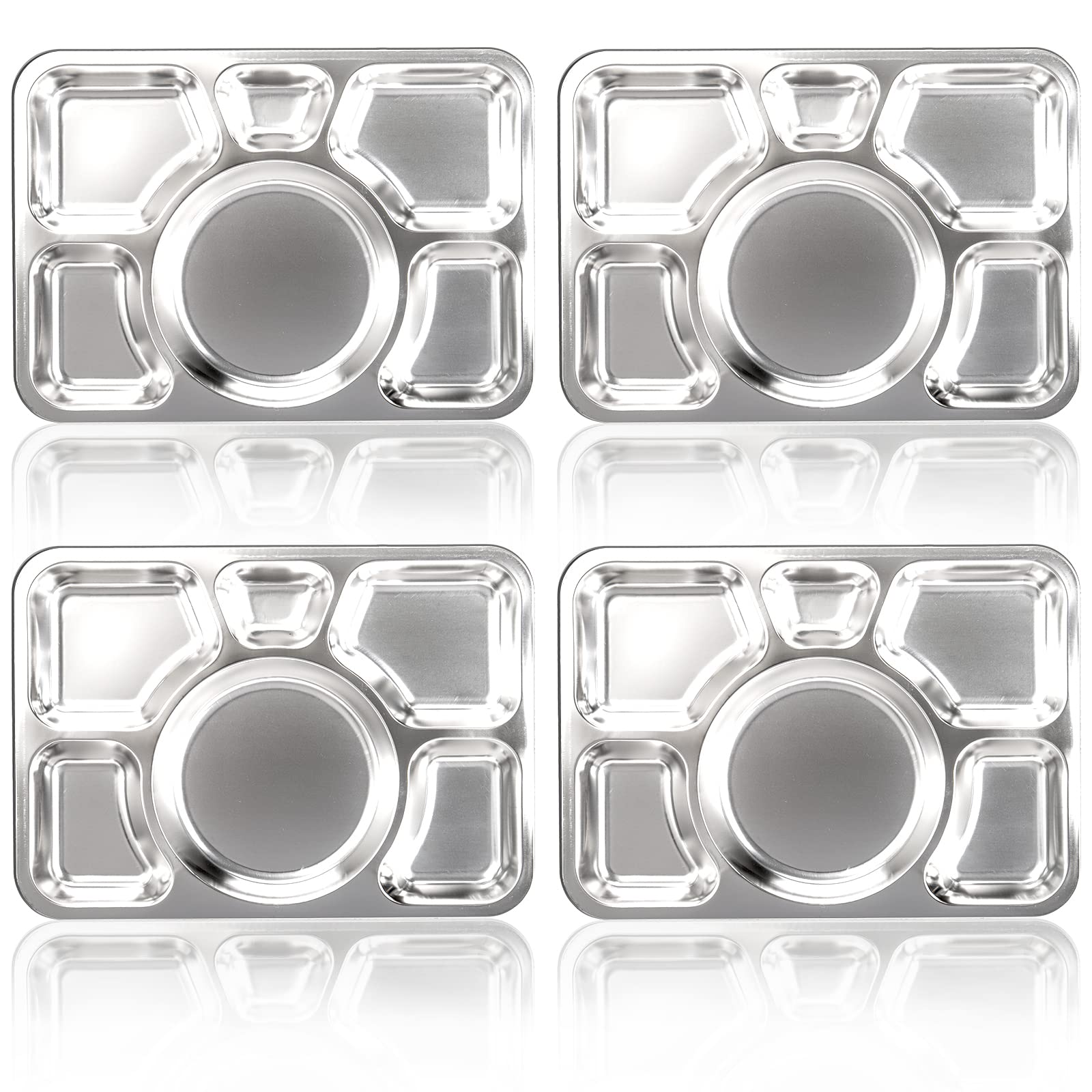 Hacaroa 4 Pack Stainless Steel Divided Dinner Plates, 15X10.6 Inches Snack Serving Plate With 6 Compartment, Metal Food Trays Fo