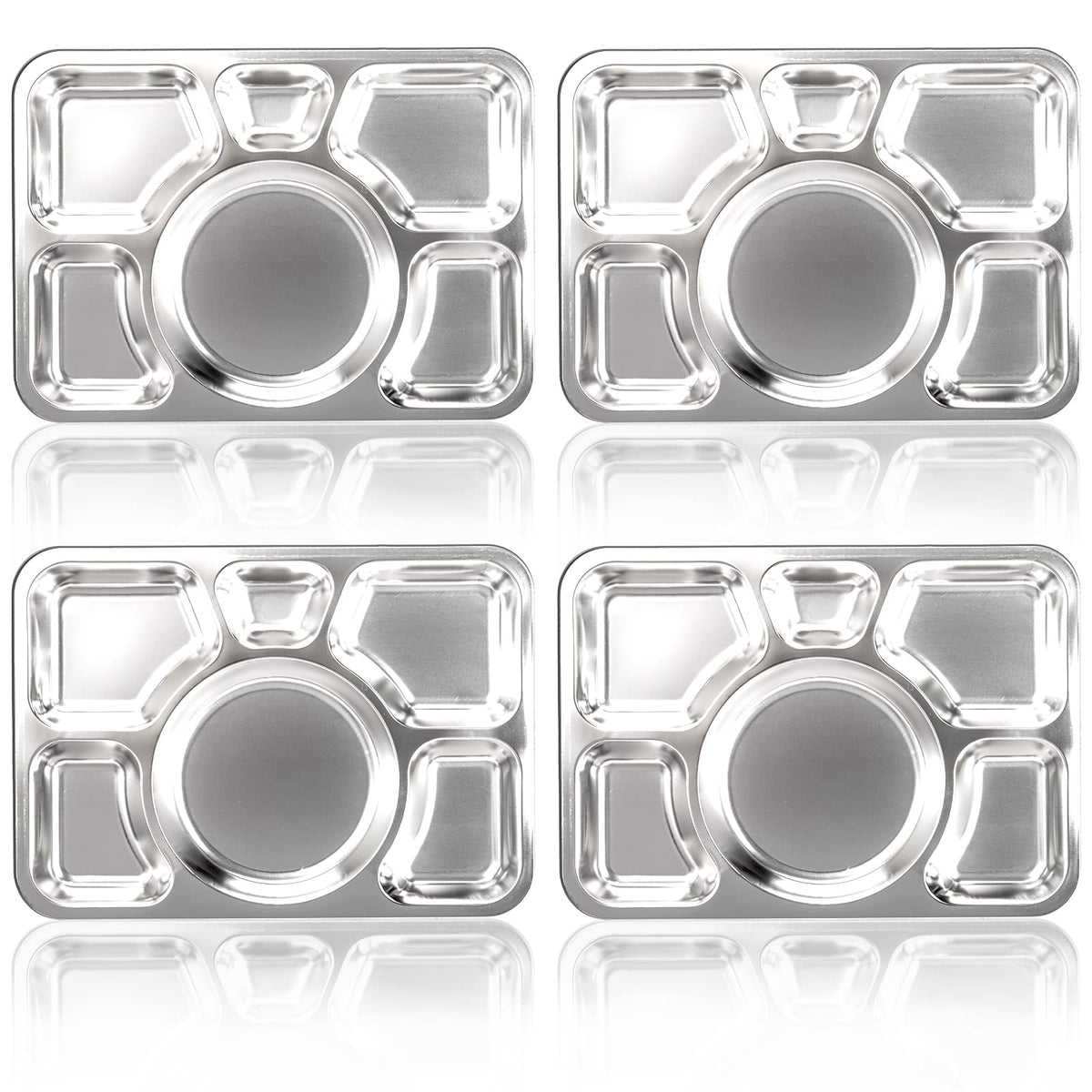 Hacaroa 4 Pack Stainless Steel Divided Dinner Plates, 15X10.6 Inches Snack Serving Plate With 6 Compartment, Metal Food Trays Fo