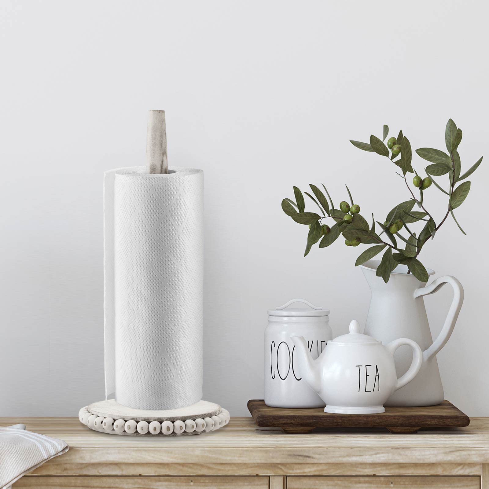 Farmhouse Paper Towel Holder Washed Beaded Paper Towel Stand Wood Paper Hanger Rack Standing Towel Roll Stand Organizer Paper Ro