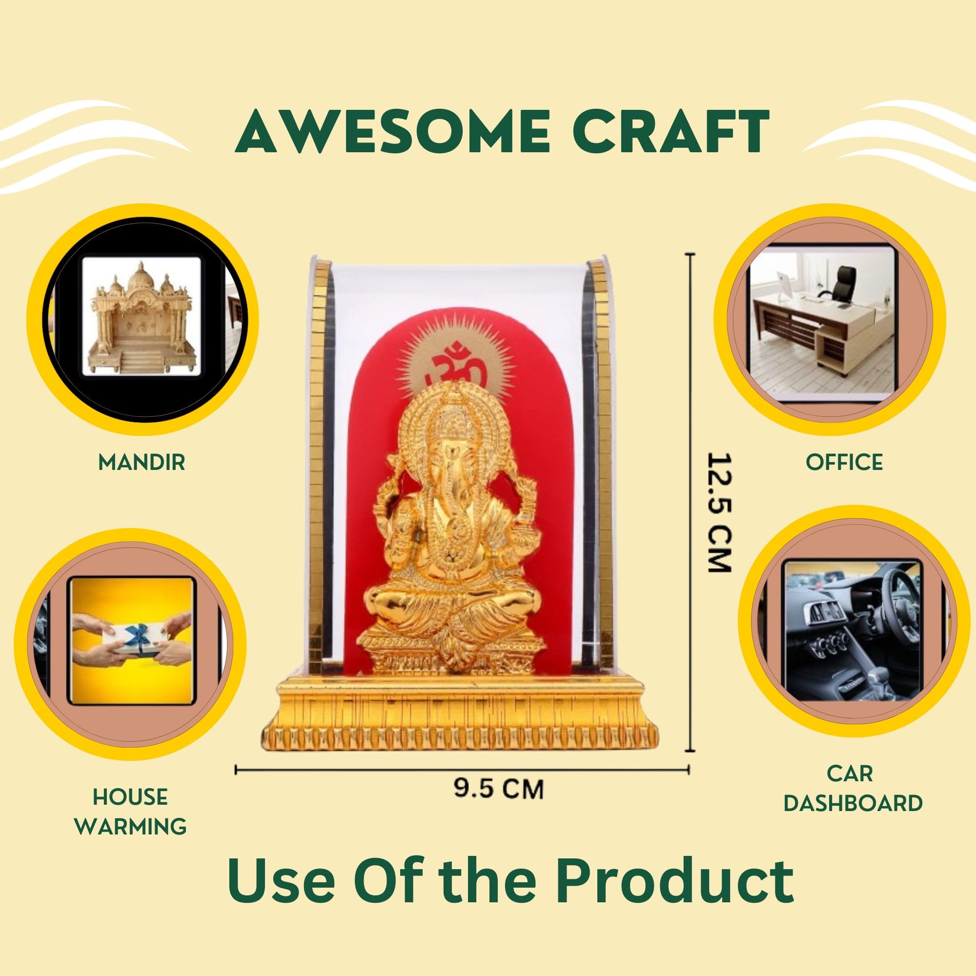 Awesome Craft Lord Ganesh Idol In Acrylic Glass Box For And Figurine Showpiece Decorative Showpiece - 12.5 Cm, Gold, Religious