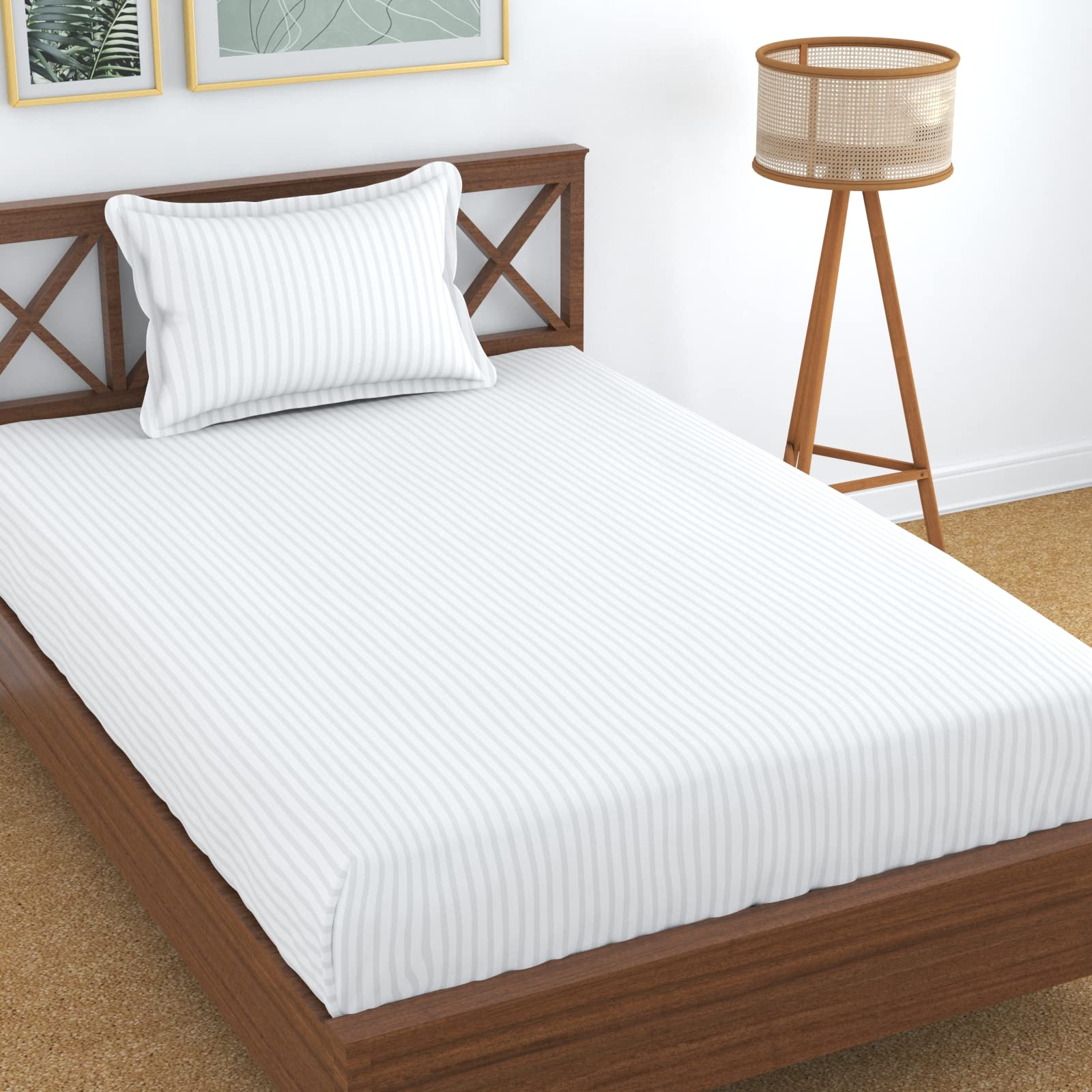 Homefab India 160 Tc Stripe Glace Cotton Single Bedsheet With 1 Pillow Cover - White