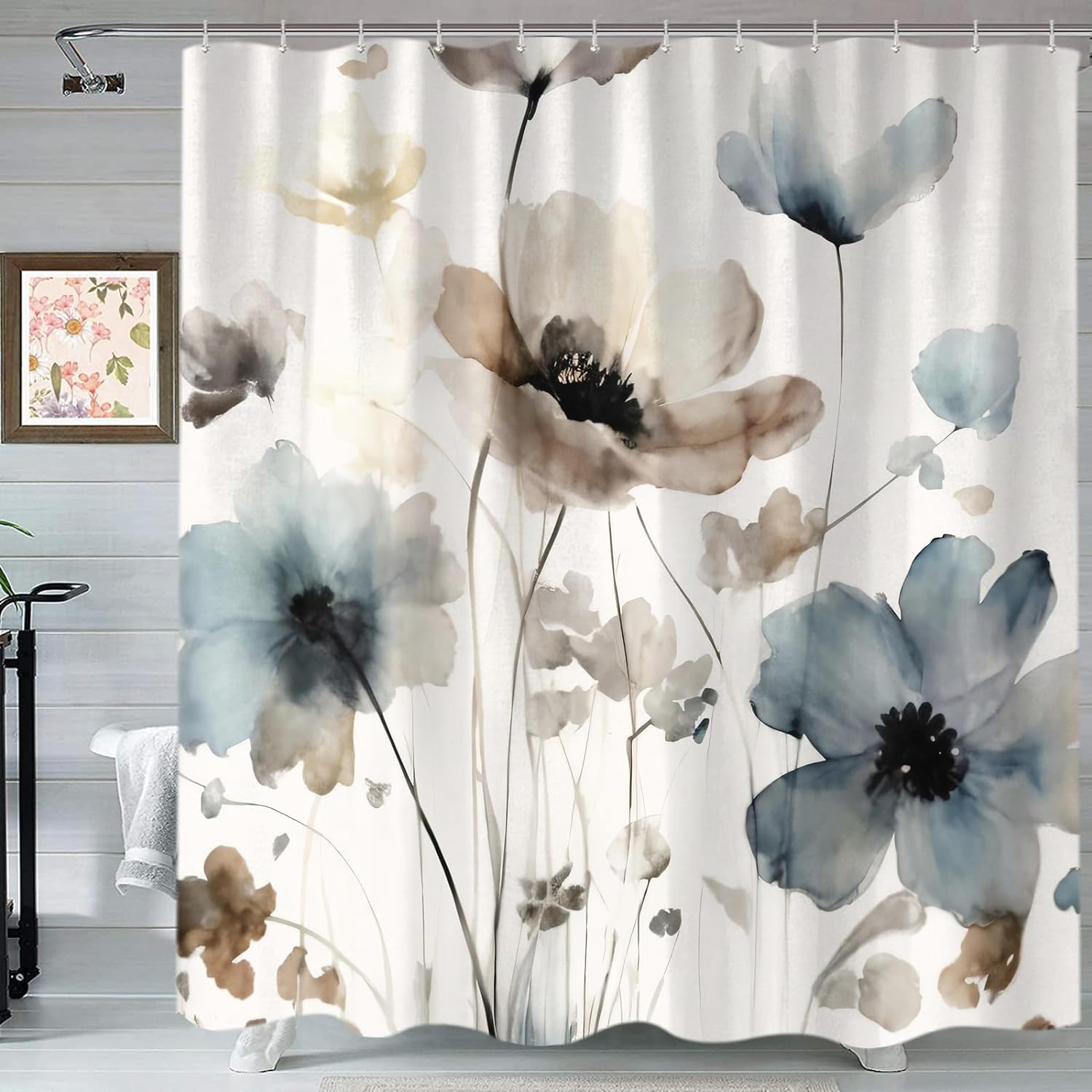 Sanzugh Boho Floral Extra Long Shower Curtain, Cream Tan Beige Blue Grey White Watercolor Flower Fabric Shower Curtains Set For