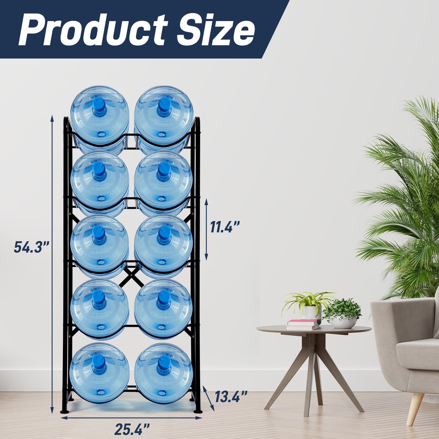 Water Bottle Storage Rack  5-Tier Reinforced Carbon Steel Water Jug Holder for 10 Bottles of 5-Gallon Water Cooler Bottles Organizer for Office  Family  Garages  Restaurant  and Gym. Black