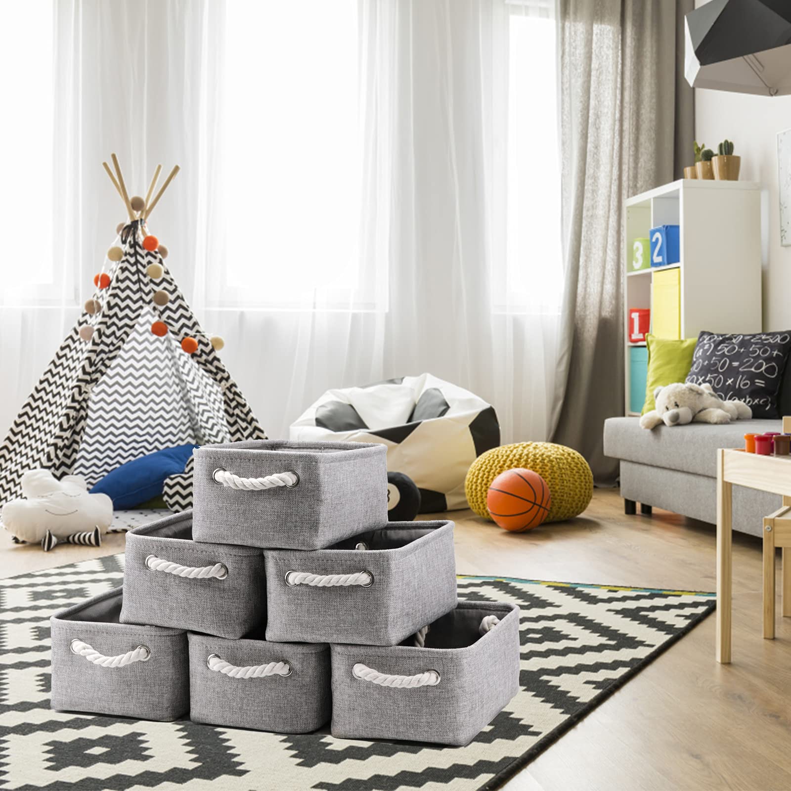 HNZIGE Small Baskets for Shelves(6pack) Fabric Storage Baskets  Empty Gift Baskets with Rope Handles  Decorative Foldable Storage Baskets for Organizing Home Closet Office (Gray  11.8 '' x 7.8 '' x 5.1 '')