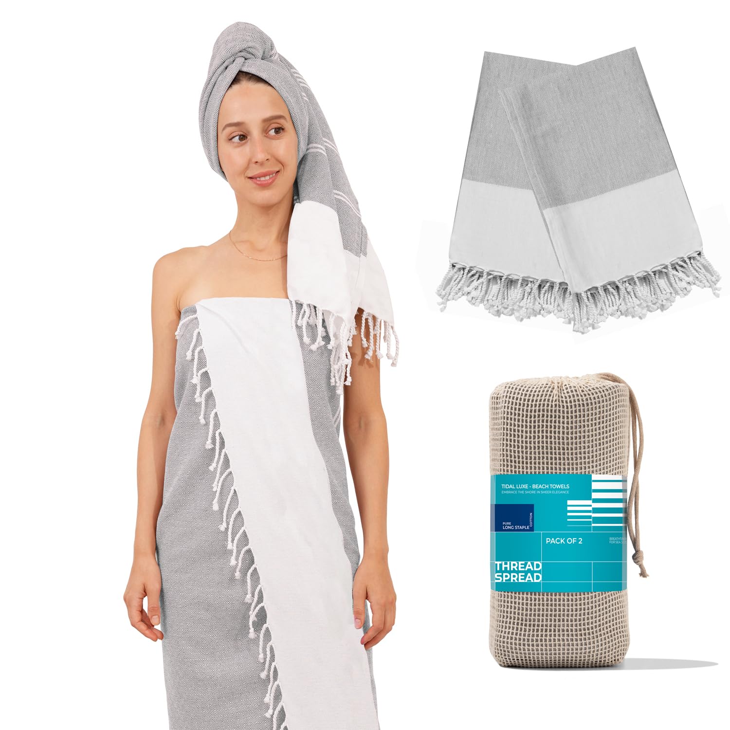 Thread Spread Turkish Cotton Beach Towels 2 Pack - 39'' X 71'' Quick Dry Sand Free Beach Towels For Adults - Oversized, Large, L