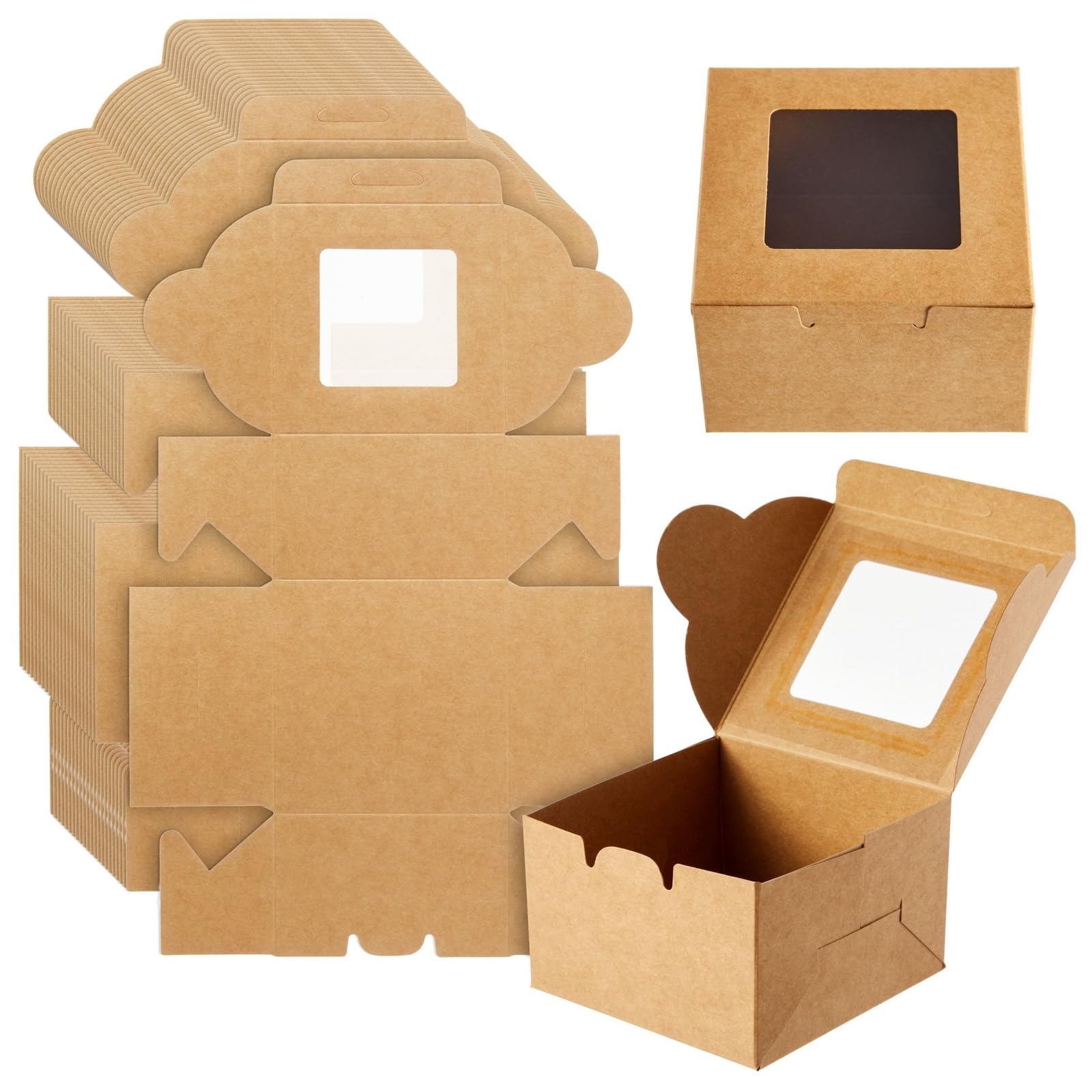 Juvale Cupcake Boxes with Window - 25-Pack, 4x4x2.5 in, Brown Paper - Cookie Packaging & Dessert to Go Containers with Lids - Tr