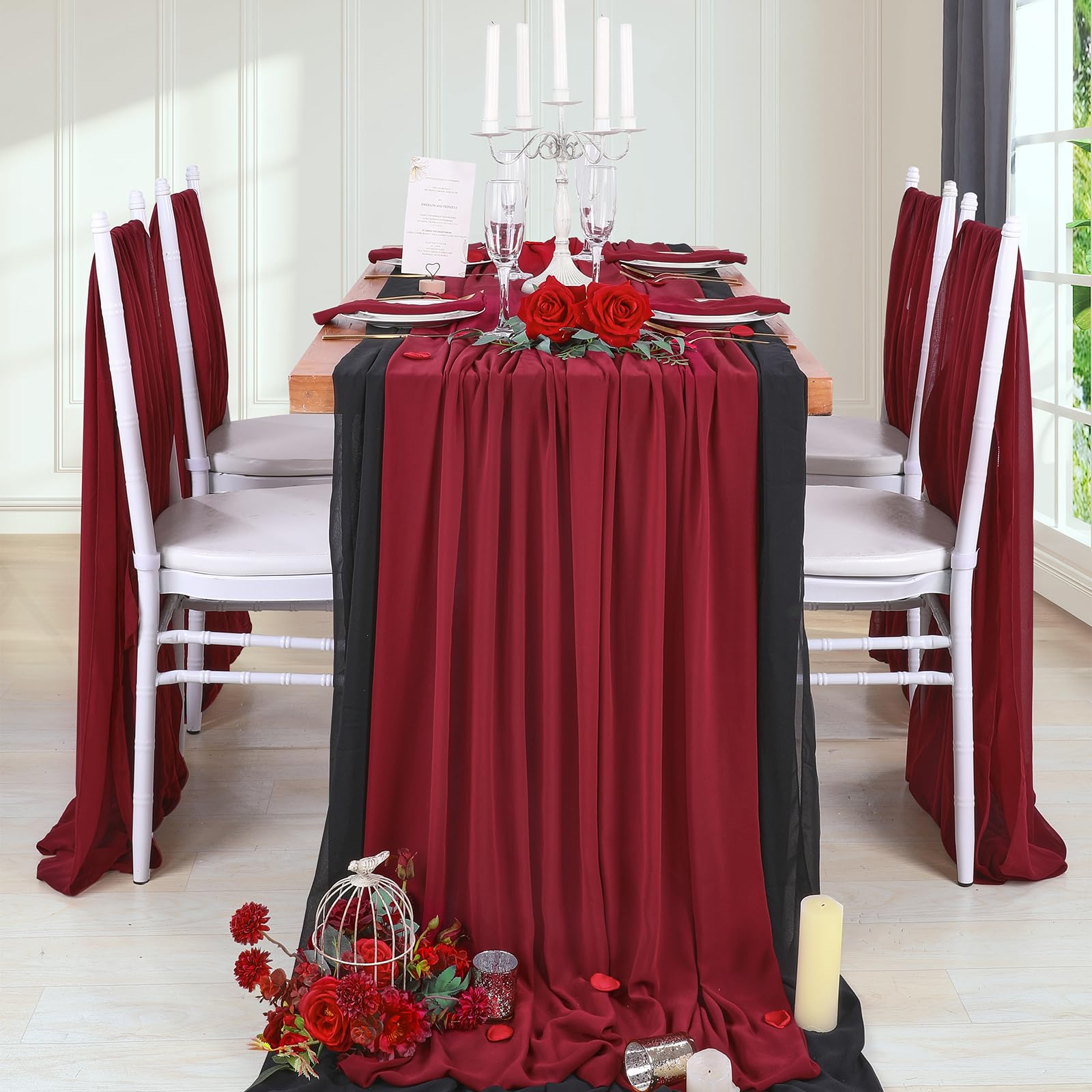 5 Pieces 10Ft Wedding Table Runner Burgundy Chiffon Table Runners Sheer Wedding Arch Overlay Fabric For Birthday Bridal Party De