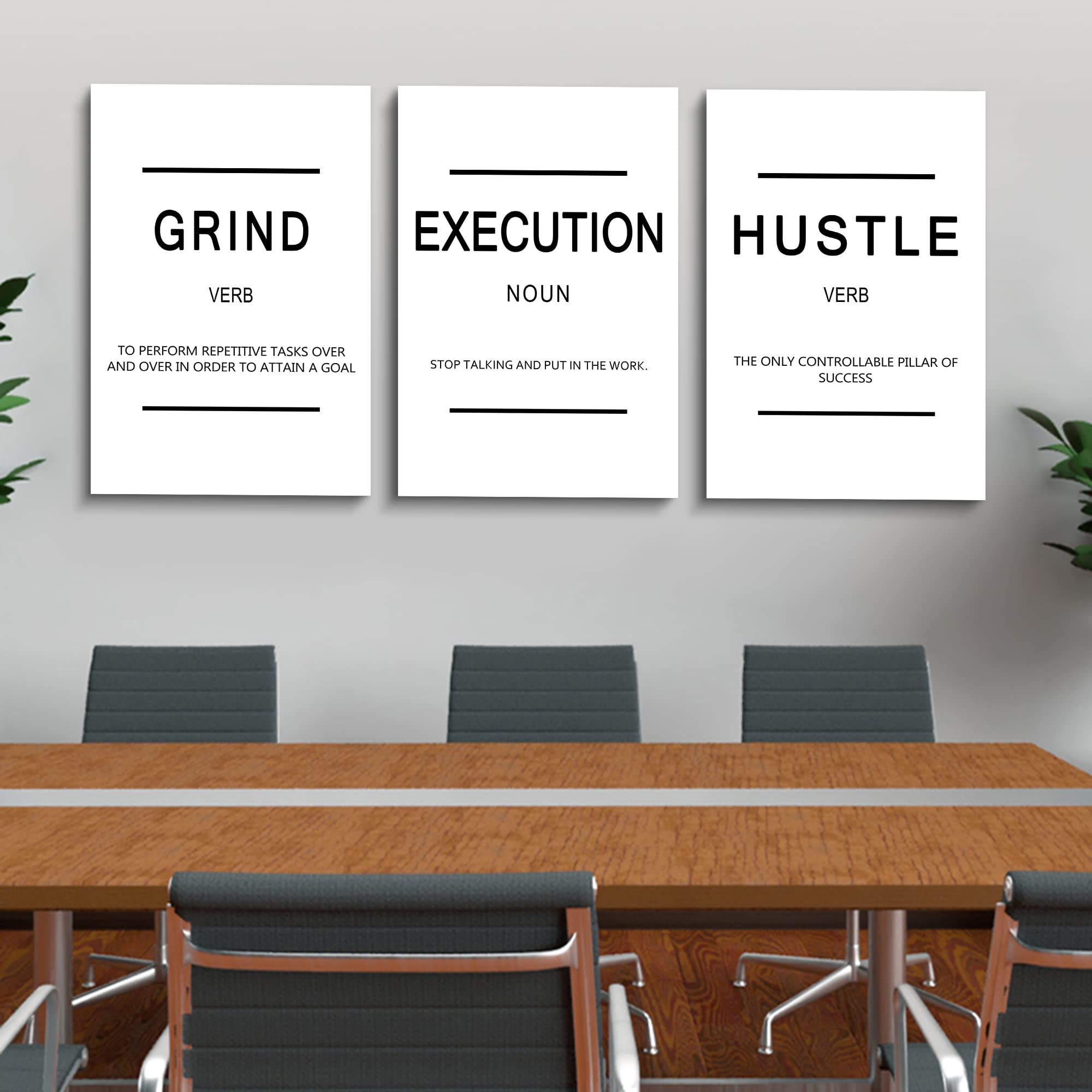 Framed Canvas Wall Art Success Quote - Office Wall Art, White Large Poster, Positive Motivational Set Of 3 Prints, Execute Grand