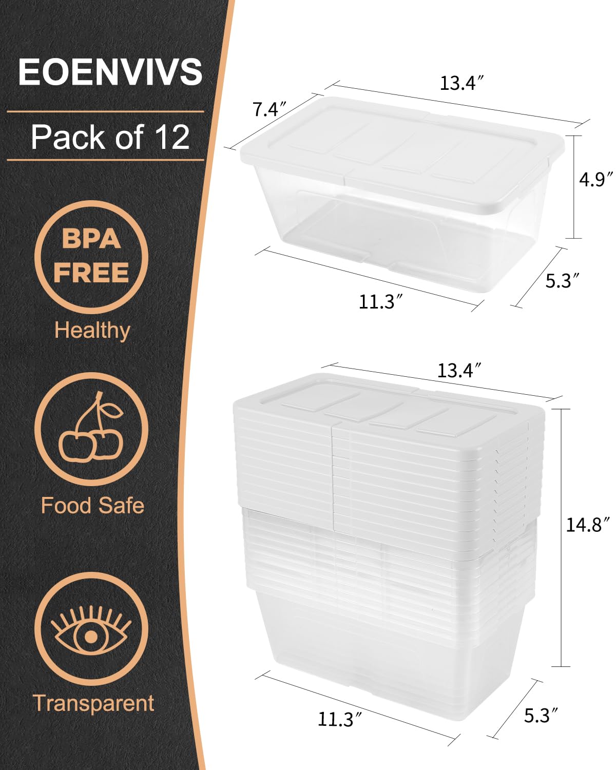 Eoenvivs Plastic Storage Bins With Lids, 12 Packs Set, Storage Boxes With Lids And Stackable Shoe Boxes For Organization, Clear