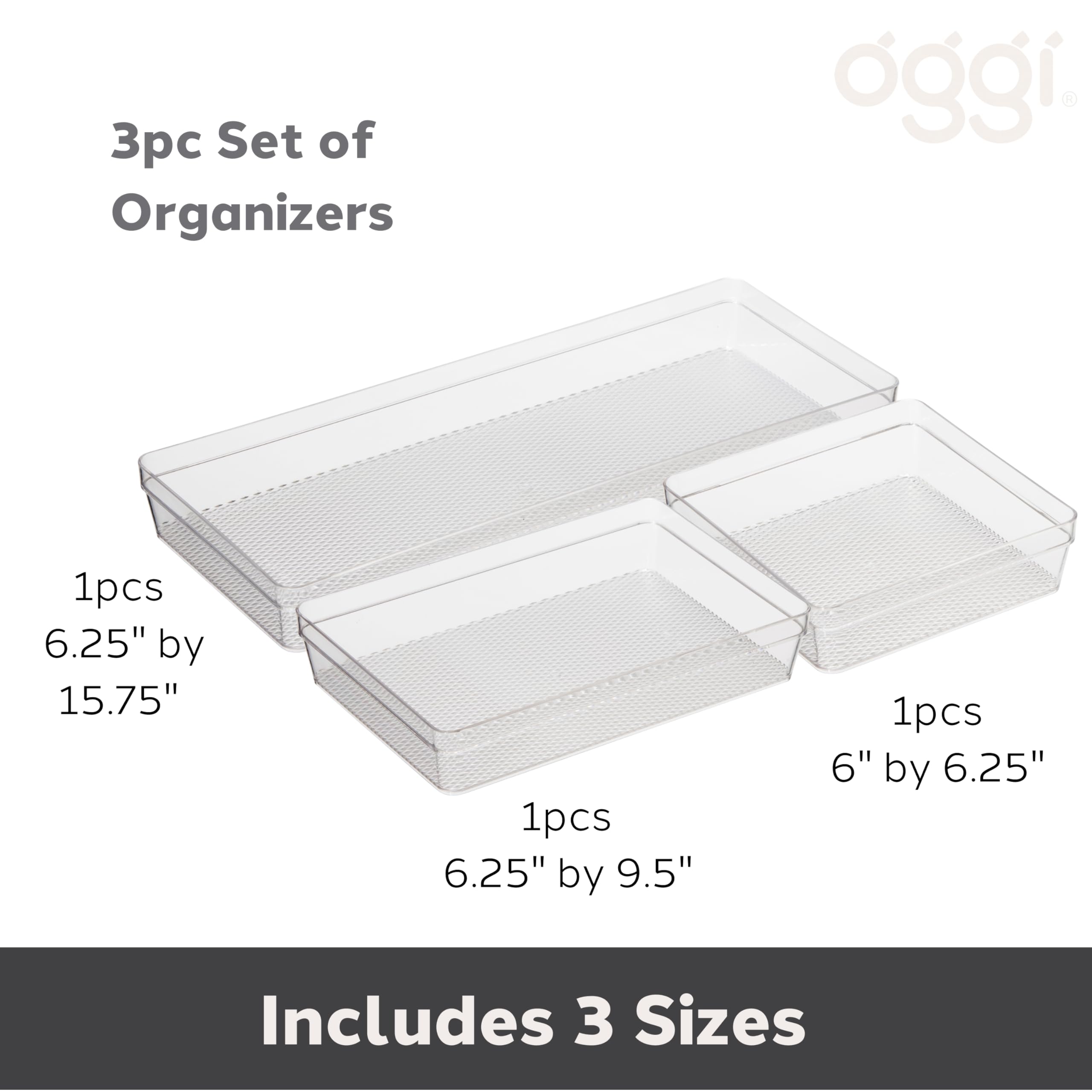 Oggi Set Of 3 Clear Drawer Organizers - (1) 6X6.25, (1) 6.25X9.25, (1) 6.25X15.75 - Ideal For Organizing Kitchen Drawers, Office