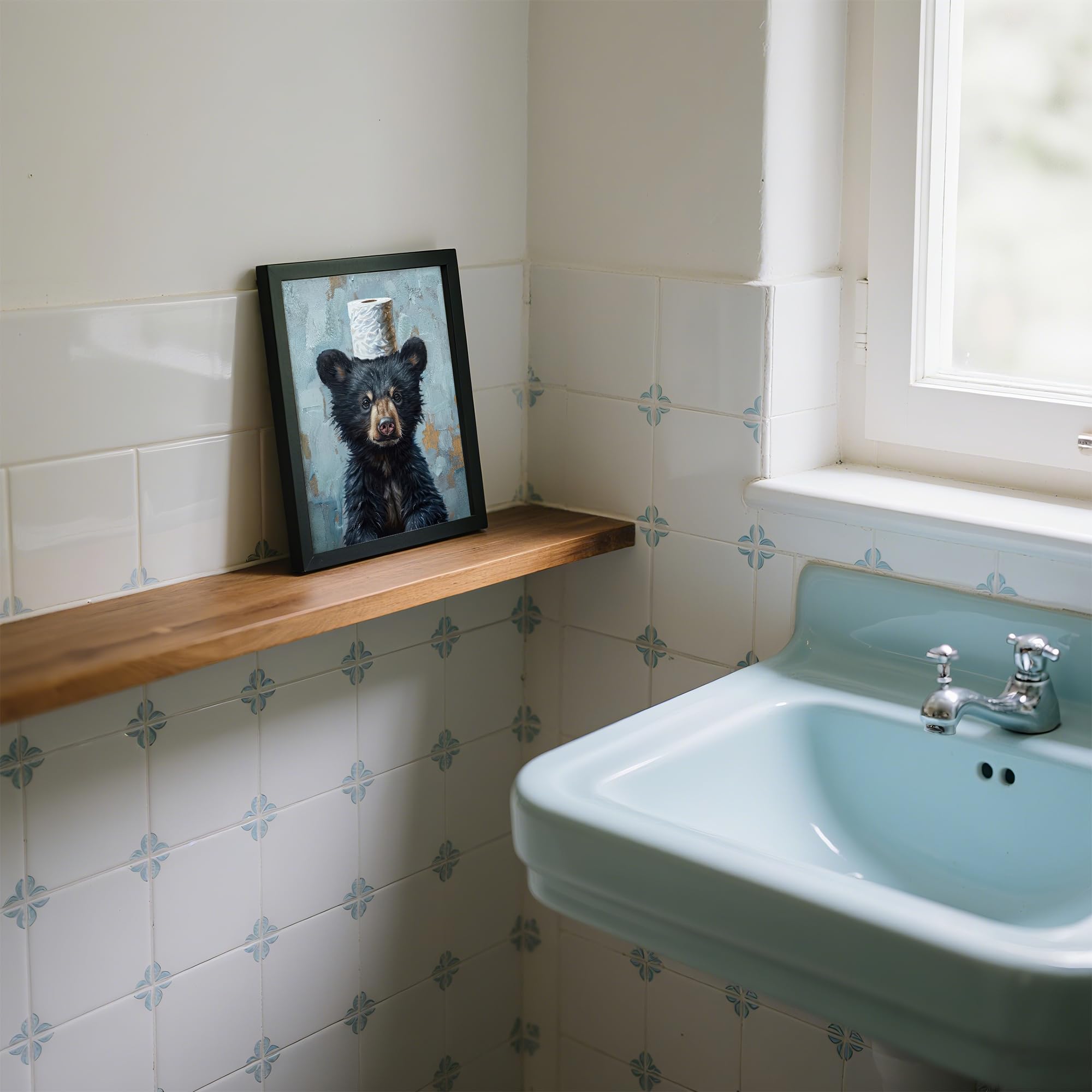 Framed Cute Black Bear Bathroom Canvas Wall Art Decor, Funny Animal Bathroom Decor Adorable Bear with Toilet Paper Picture Print