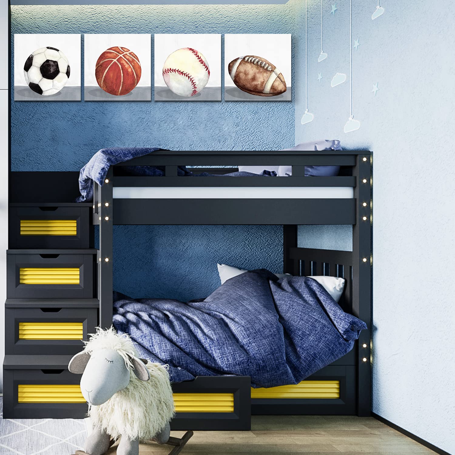 Sports Wall Art Boys Room Wall Decor Rustic Basketball Football Pictures Kids Bedroom Baseball Soccer Posters Balls Painting Can