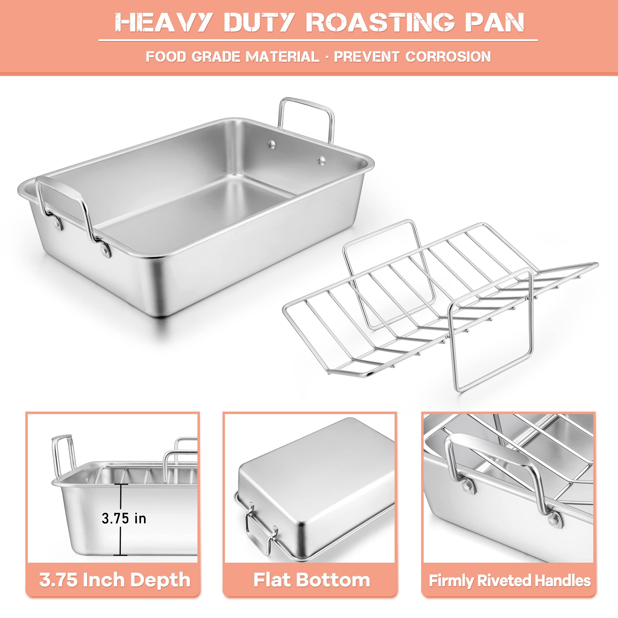 Leonyo Roasting Pan With V-Shaped Rack, Stainless Steel Rectangular 16    Turkey Roaster Pan With Handles For Chicken Lasagna Ve