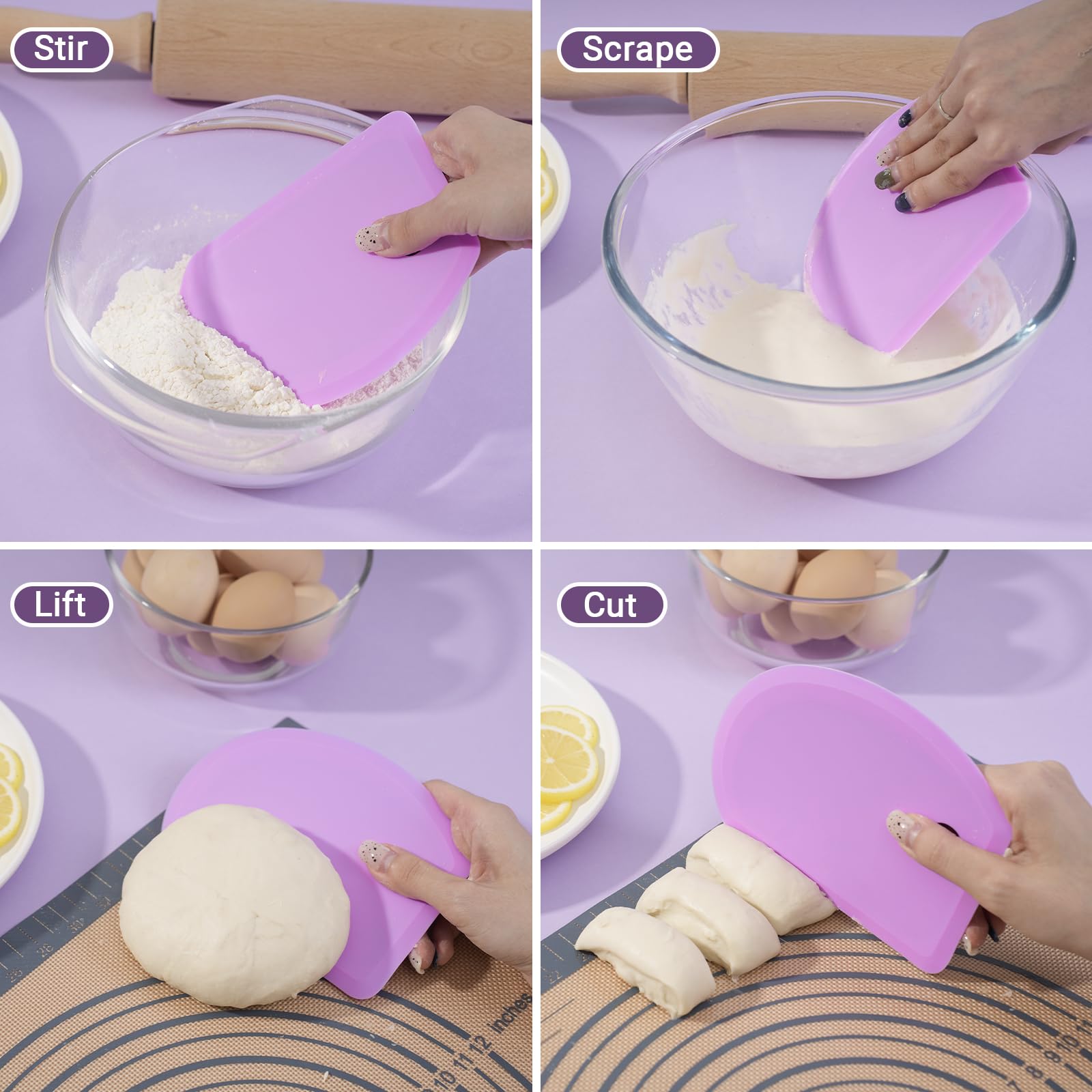 SAPID Silicone Bowl Scraper, Flexible Curved Edge, 5.98" x 4.3", Heat-Resistant, Purple, Ideal for Baking Sourdough, Cake, Fondant